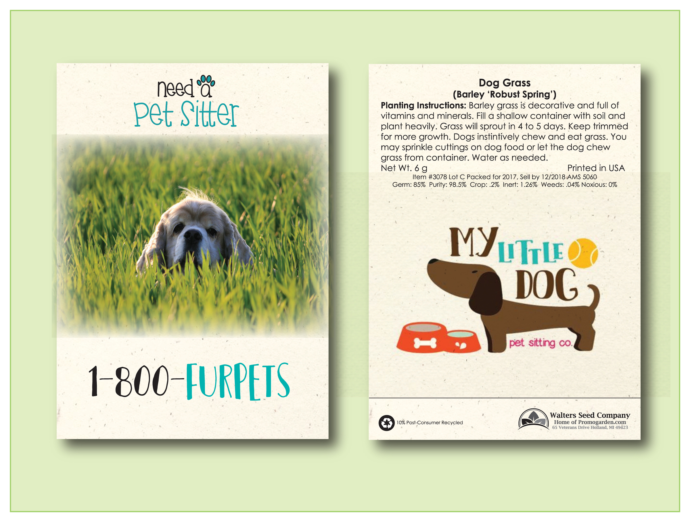 Dog Grass Seed Packet - Size 3.25" x 4.5" 2