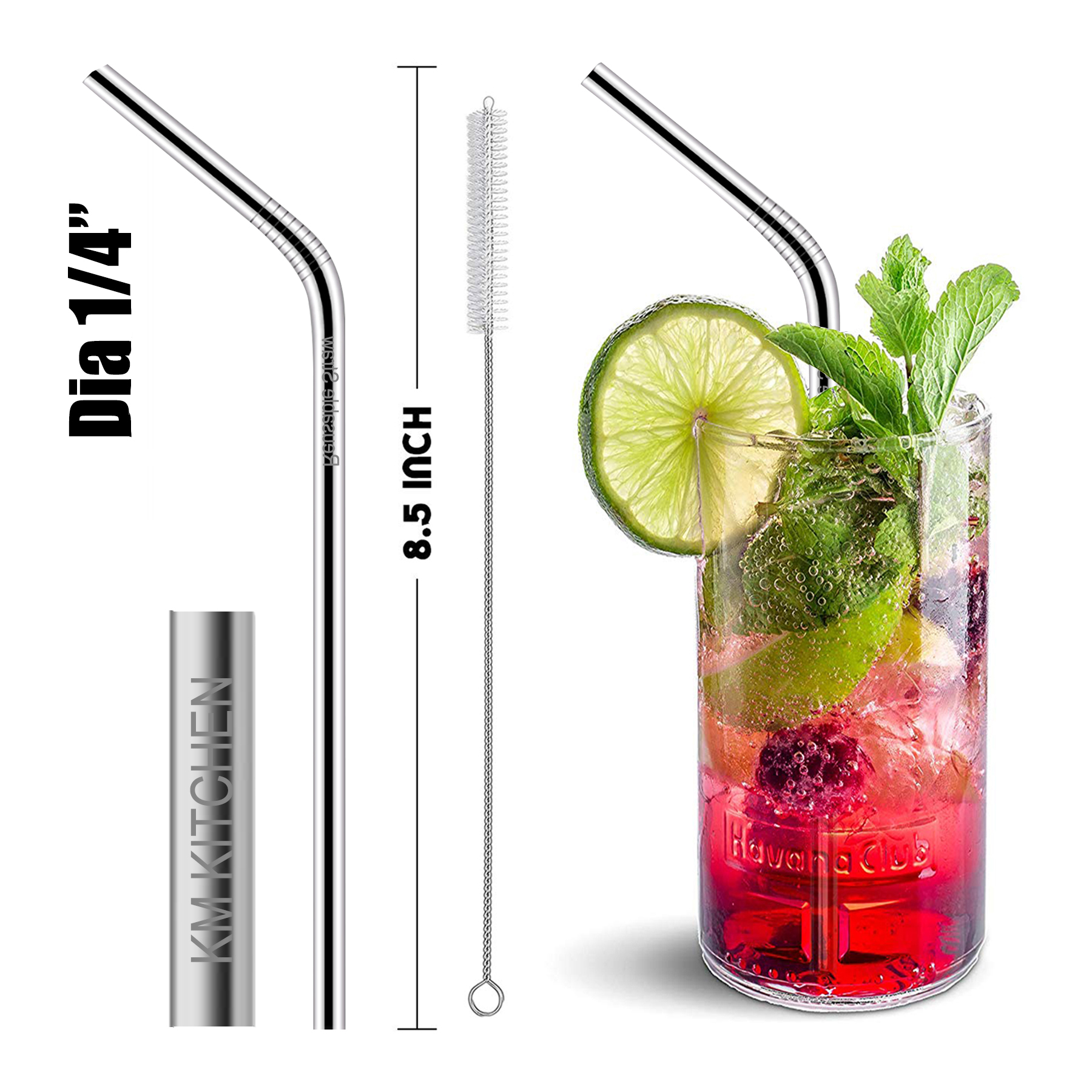 8 1/2"L 1/4"Dia Stainless Steel Straws 1