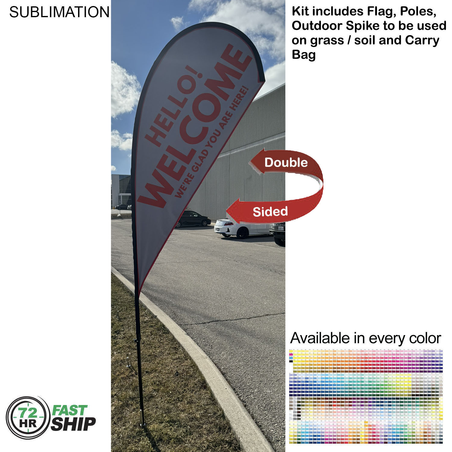 72 Hr Fast Ship - 9' Small Tear Drop Flag Kit, Full Color Graphics Double Sided, Spike and Bag