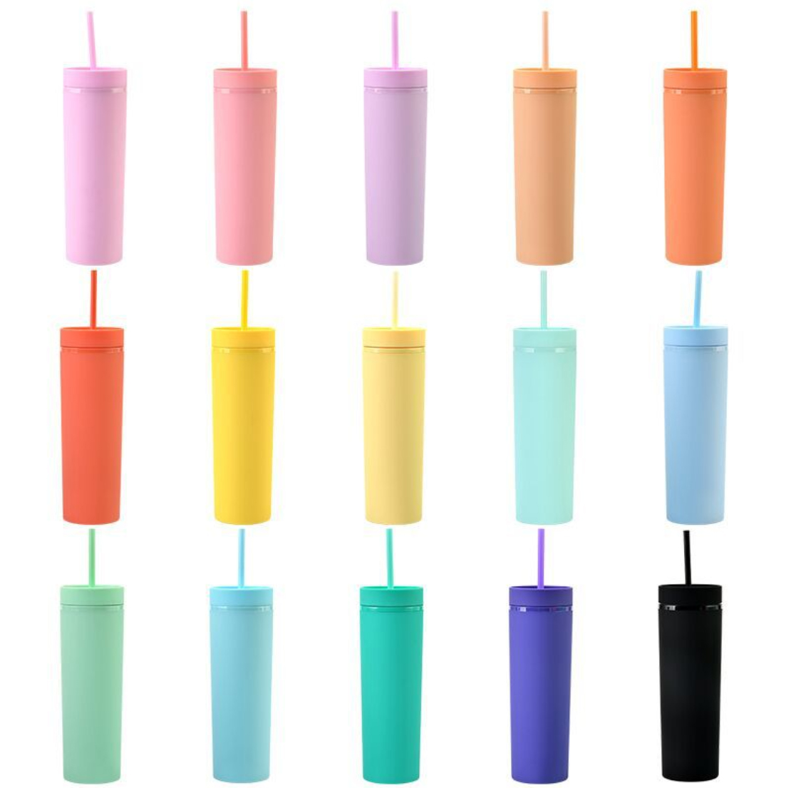16oz Double-layer Plastic Straight Cup SKINNY Rubber Paint Tumbler / Straw 11