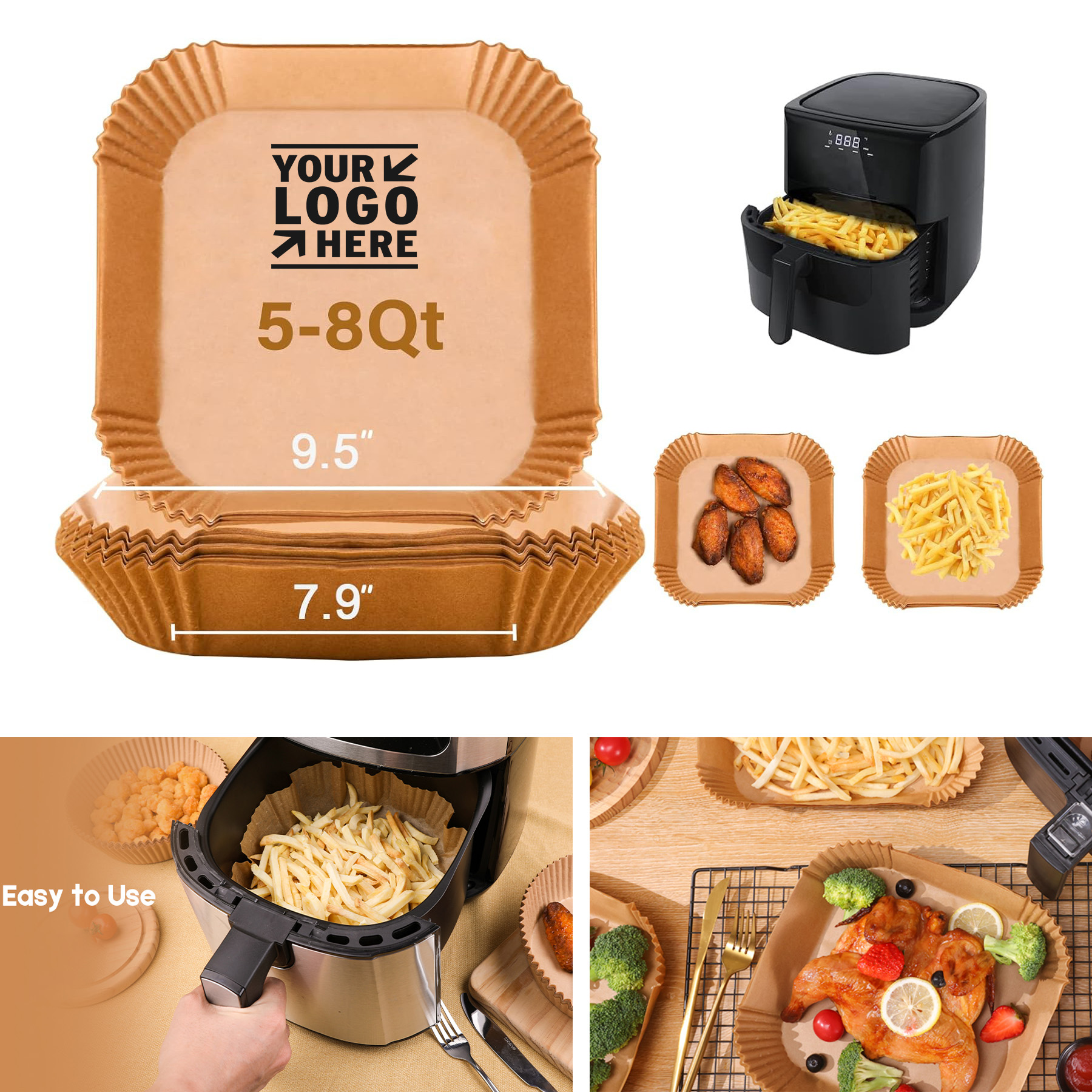 5 to 8 Qt Air Fryer Basket Disposable 7.9 Inch Square Non-stick Oil-proof Parchment Paper Liner