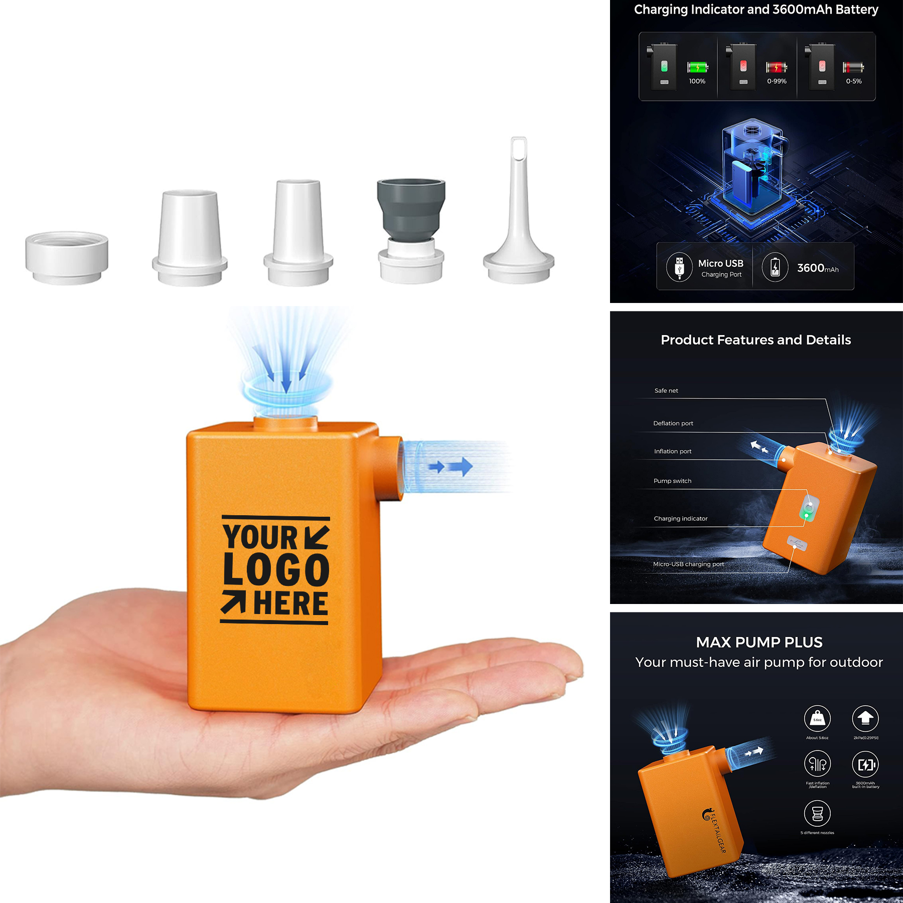 3600mAh Battery USB Rechargeable Lightest Plus Portable Quick Inflate Deflate Air Pump