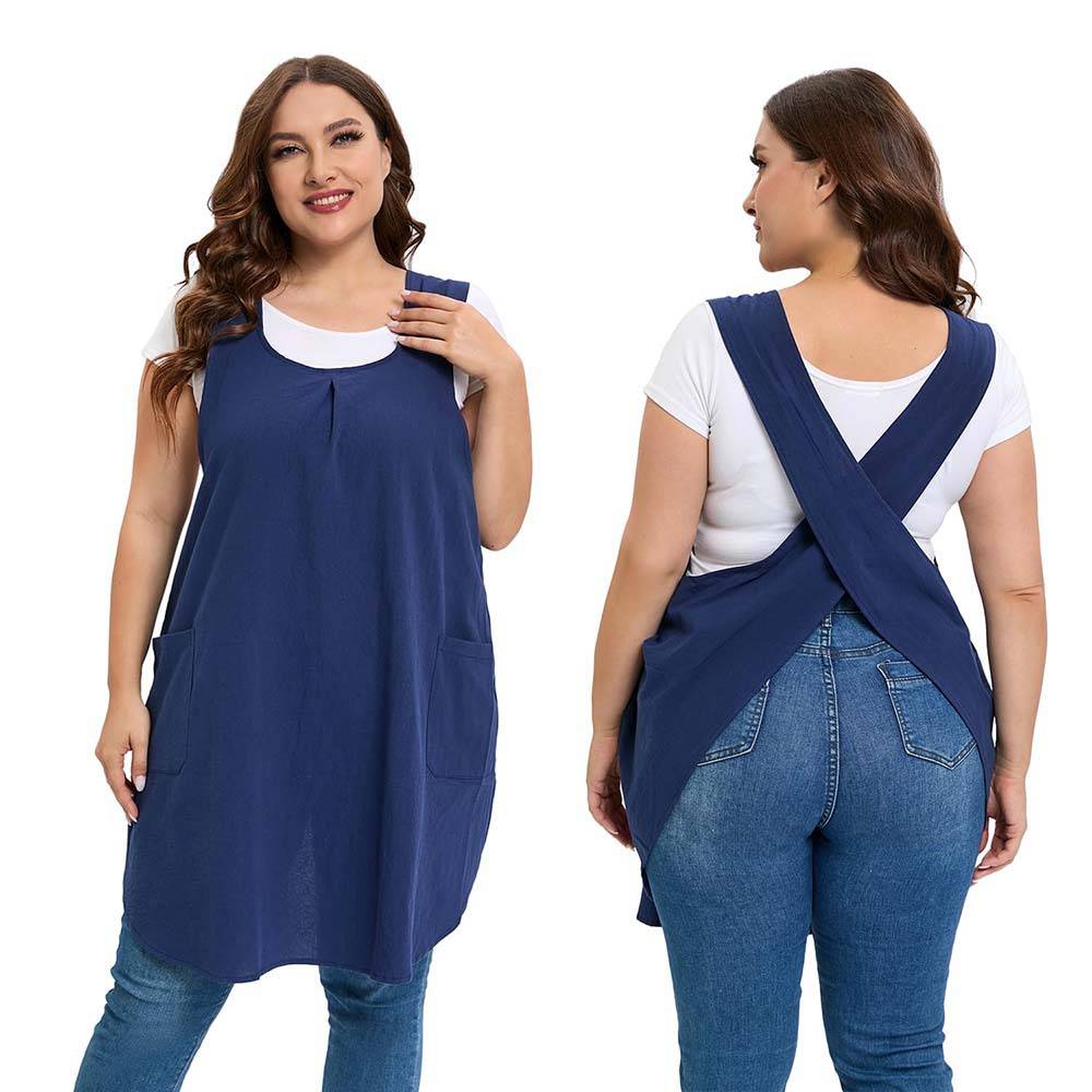 Linen Cotton Apron Cross-Back Straps Dual Pockets 4
