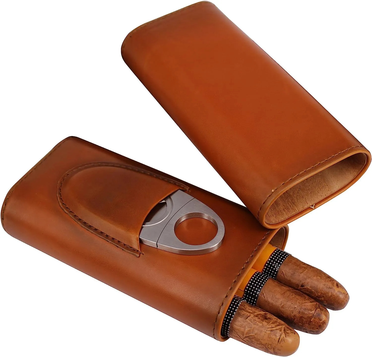3- Finger Brown Leather Cigar Case with Cutter 3