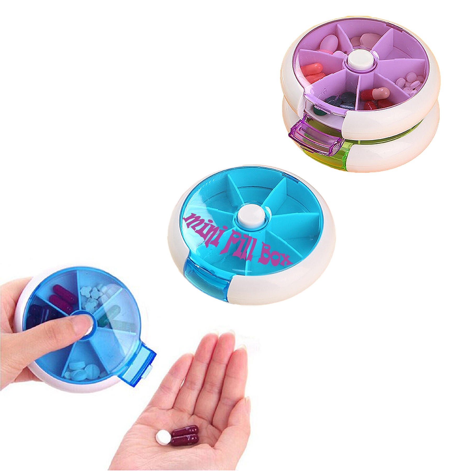 Convenient 7-grid Round Rotating Plastic Mini Pill Box