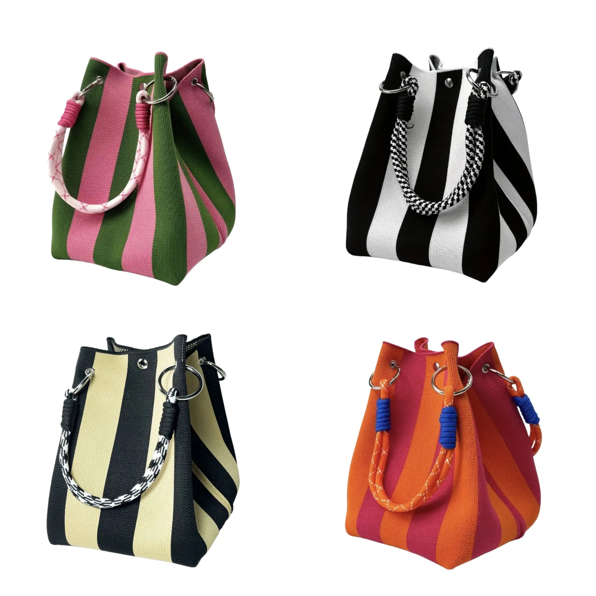 Striped Knitted Woven Tote Bag Bucket Handbag 5
