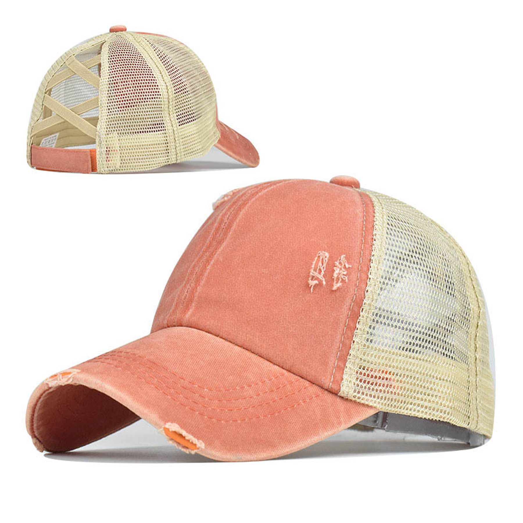 Washed Denim Criss Cross Ponytail Trucker Cap 3