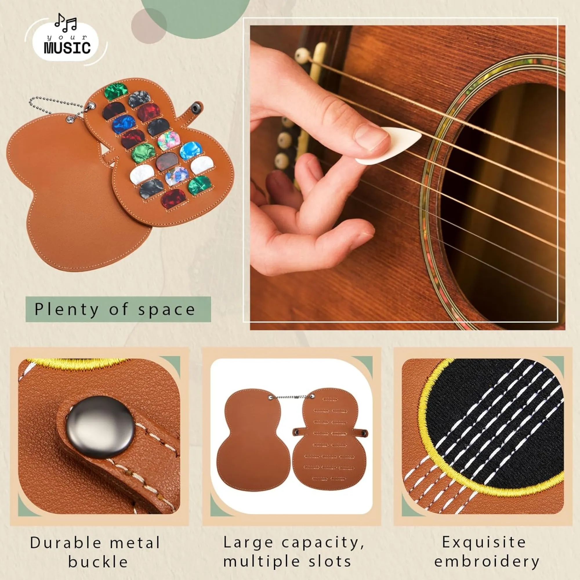 Large Capacity Leather Embroidered Guitar Pick Bag 5