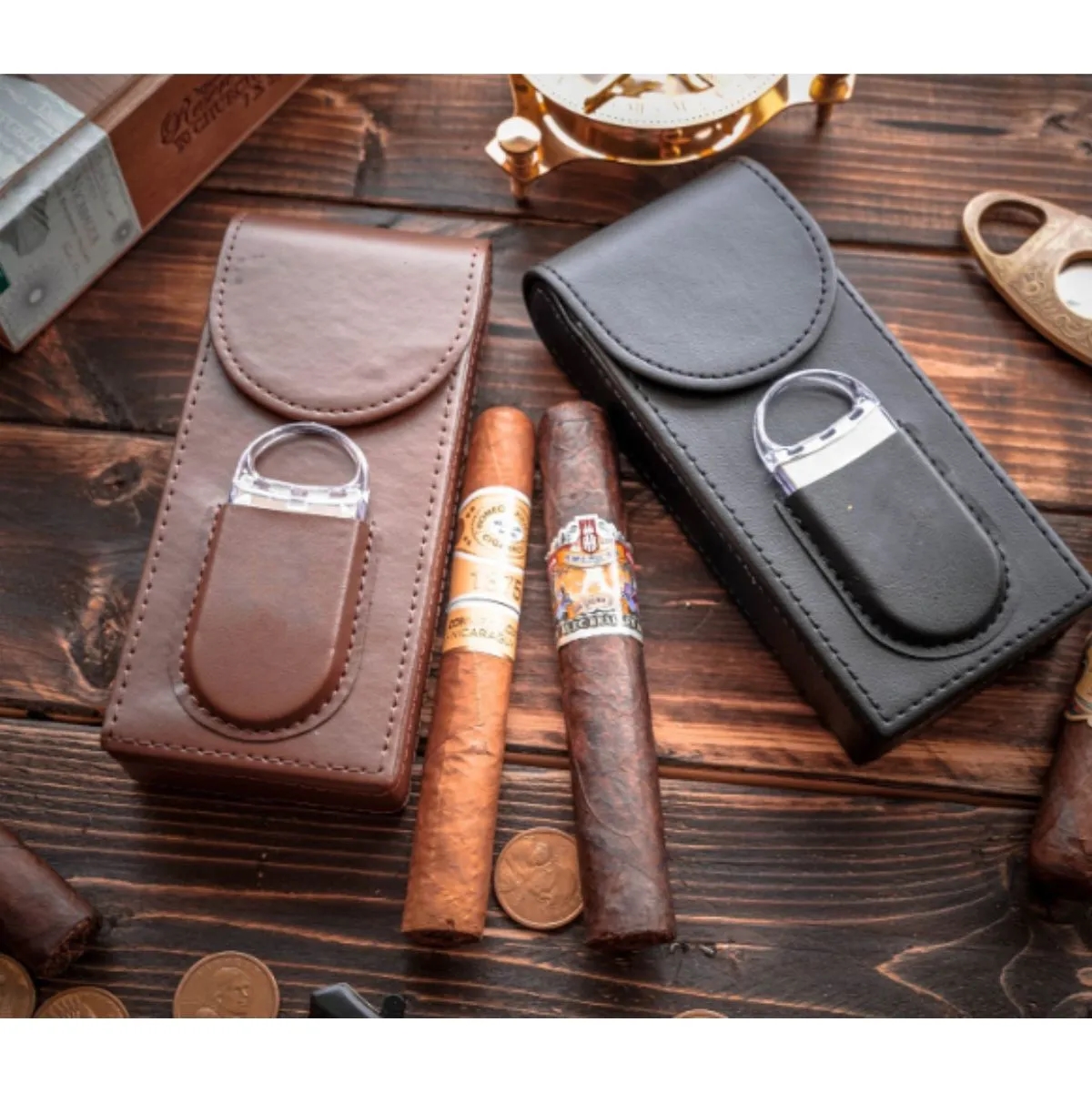 Genuine Leather Cigar Case Humidor With Cutter 2