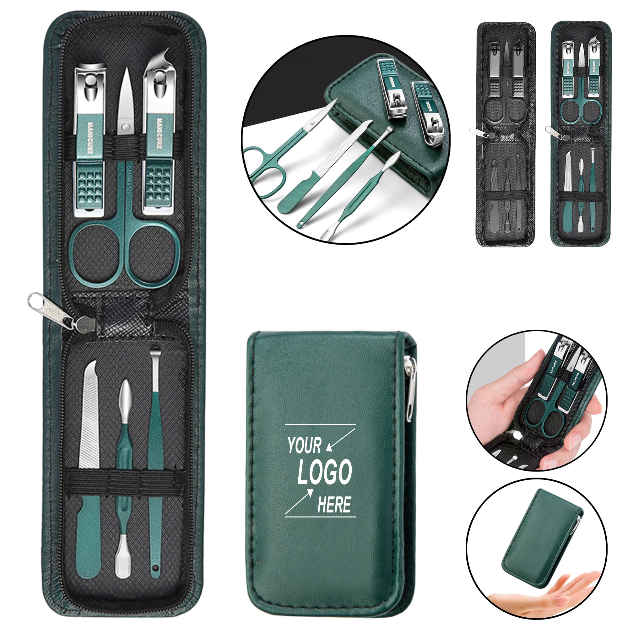 Portable Dark Green Nail Clipper Set 6-Piece Manicure Kit with PU Leather Case 3