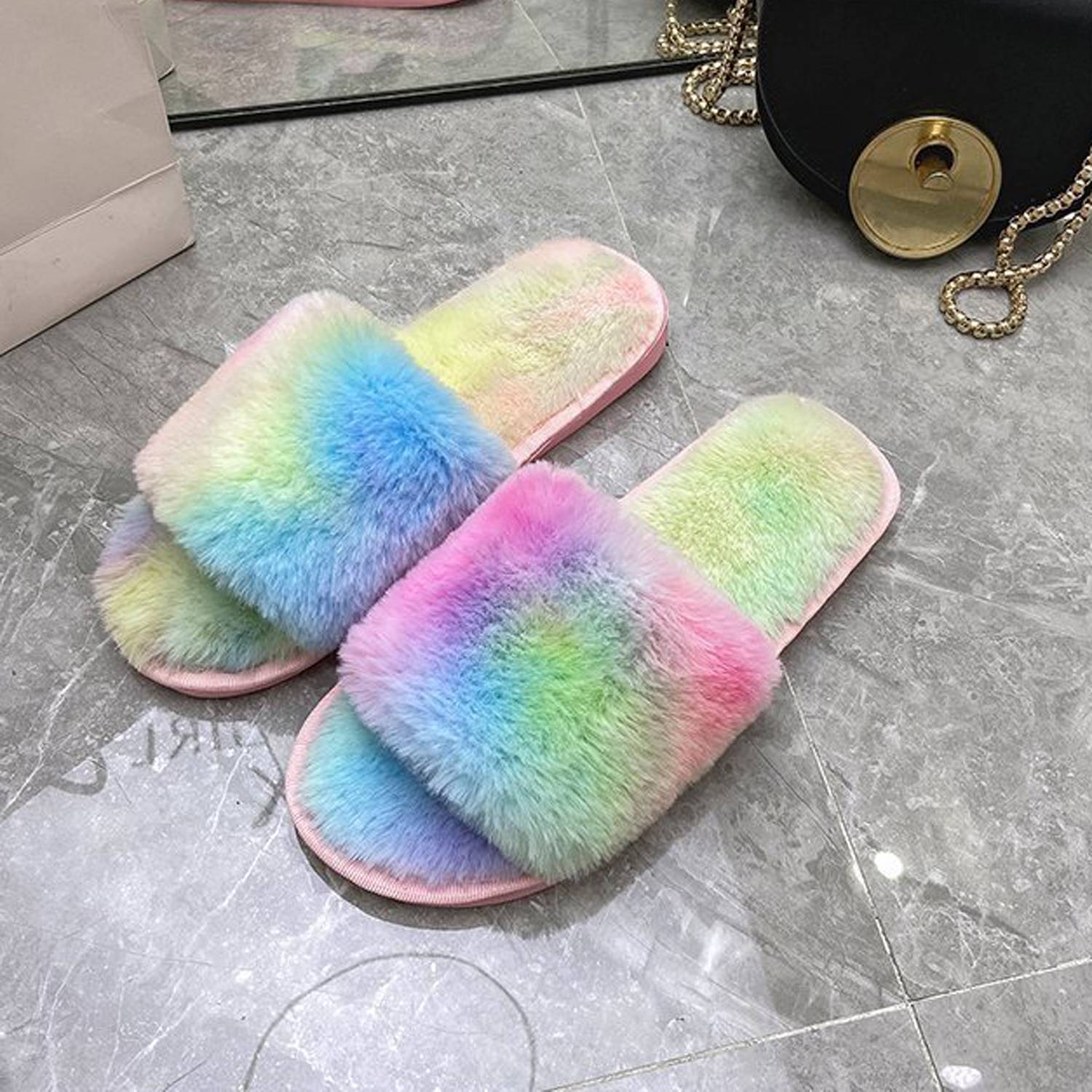 Soft Sole Anti-Slip Rainbow Plush Home Slippers 7