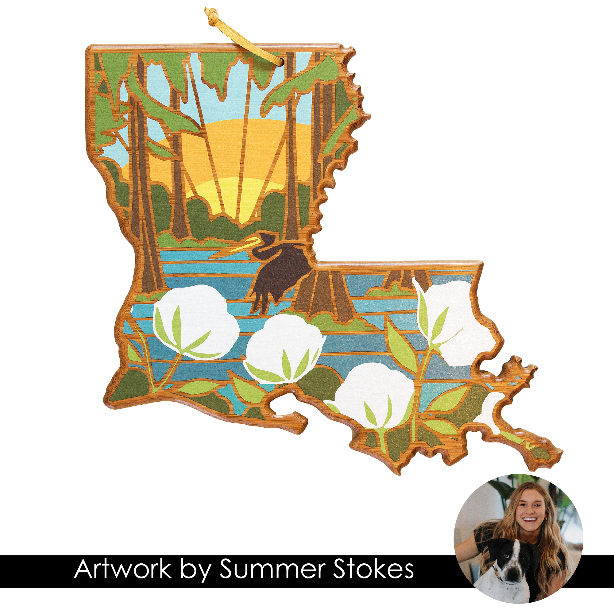 Louisiana State Shaped Serving and Cutting Board with Artwork by Summer Stokes 1