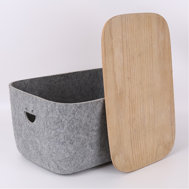 PET Felt Storage Boxes Drawer Cube Container With Wooden Lid 3