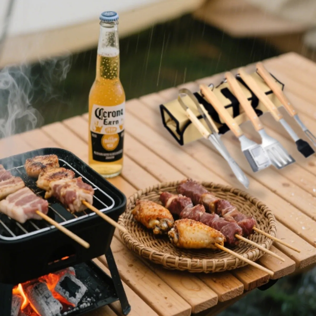 5-Piece BBQ Grill Tool Set With Wooden Handles 6