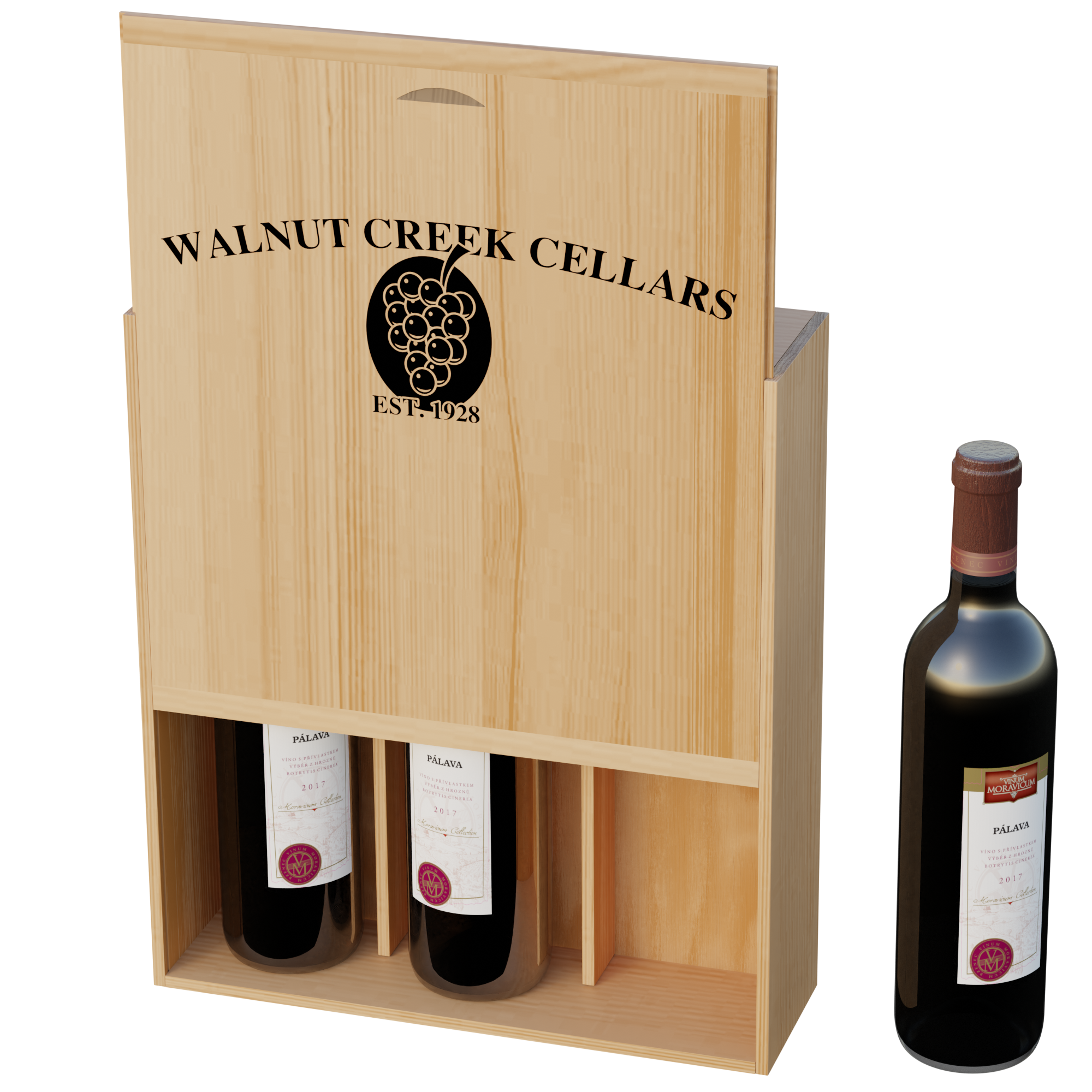 Three Bottle Wine Box with Dividers & Screen Print 1