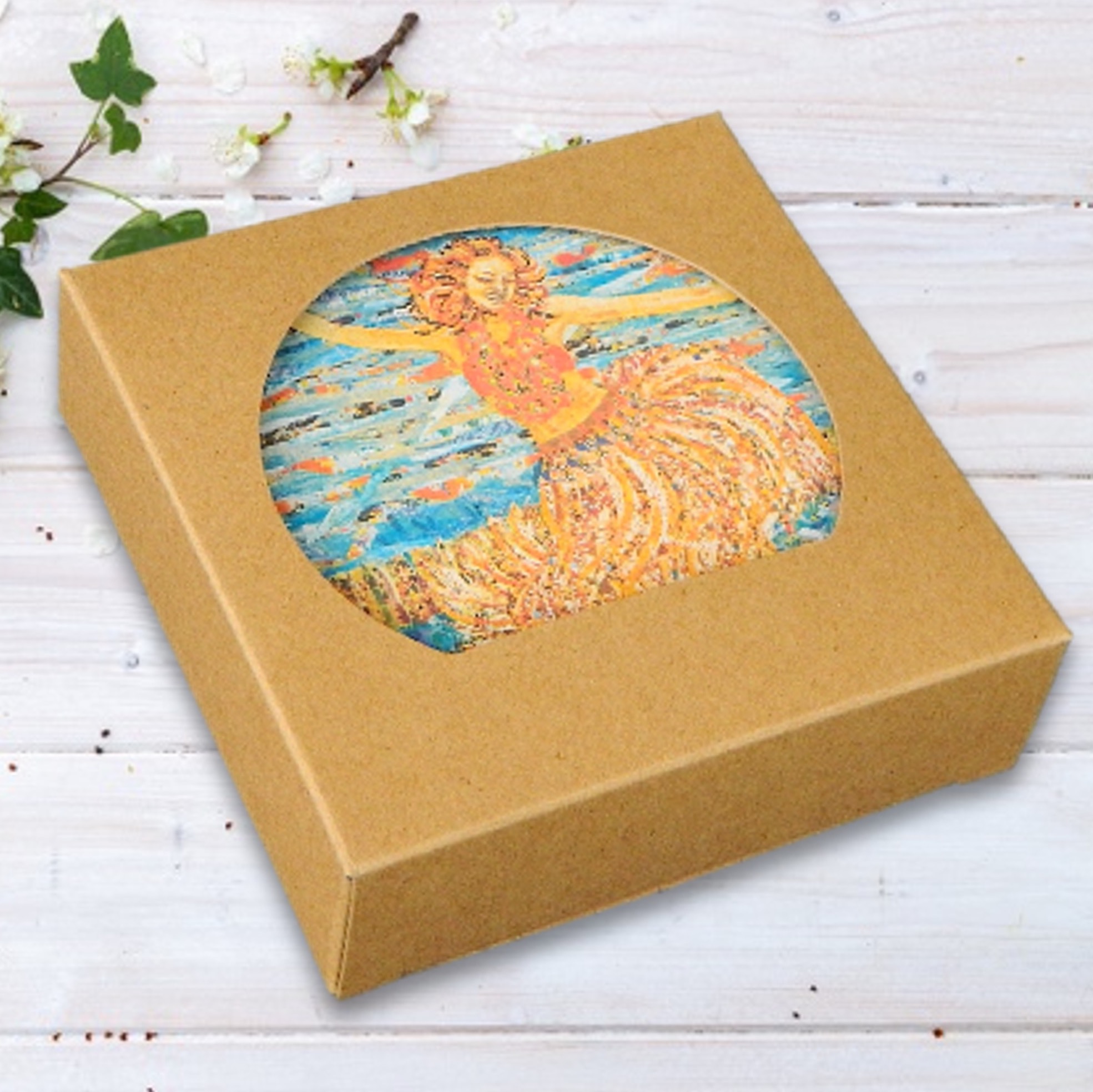 4 Round Absorbent Stone Coaster with Cork Backing packaged in Kraft Window Box 6