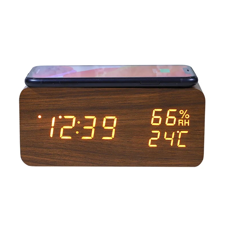 Wooden Digital Alarm Clock With Wireless Charging 6