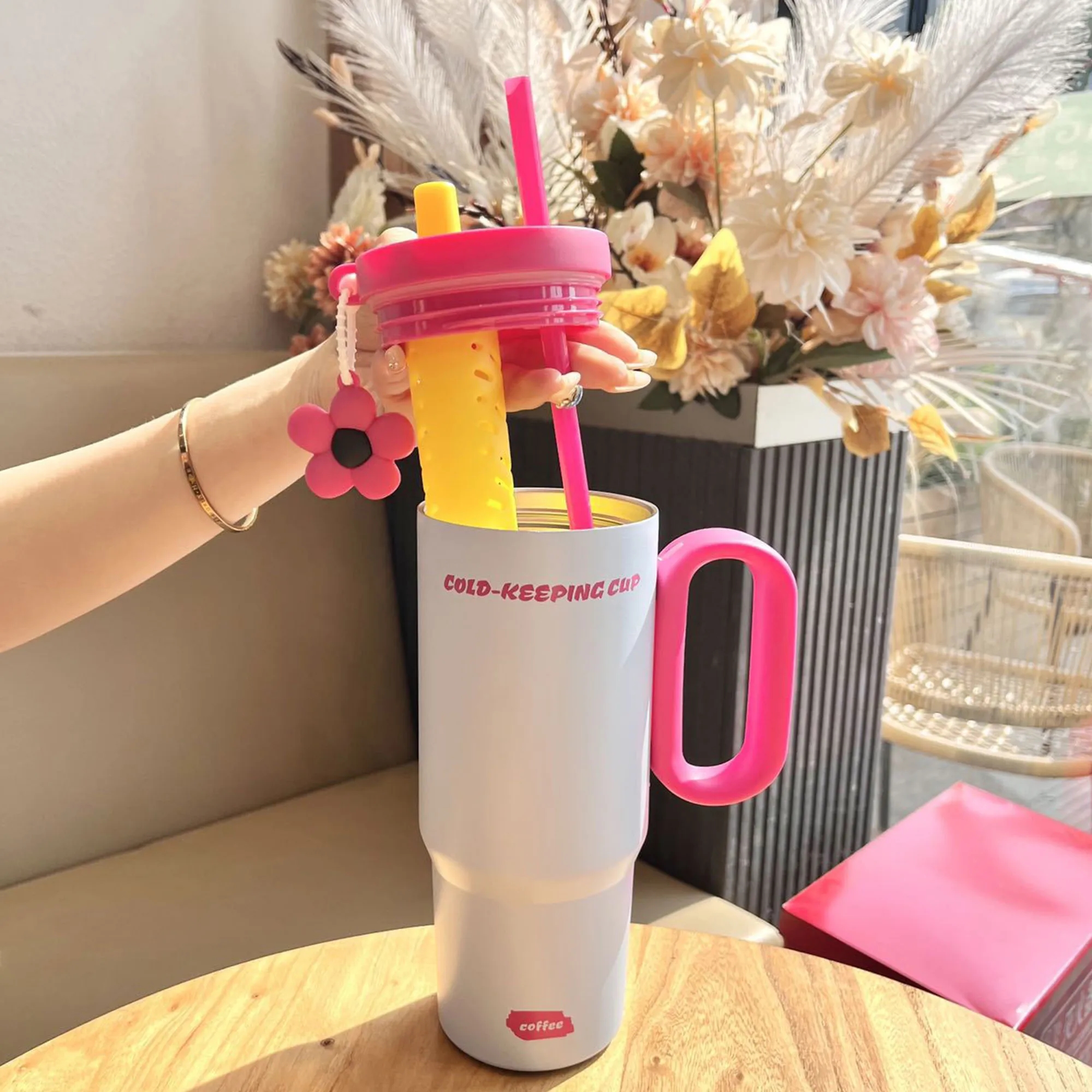 Floral Insulated Tumbler With Straw Car Cup 4