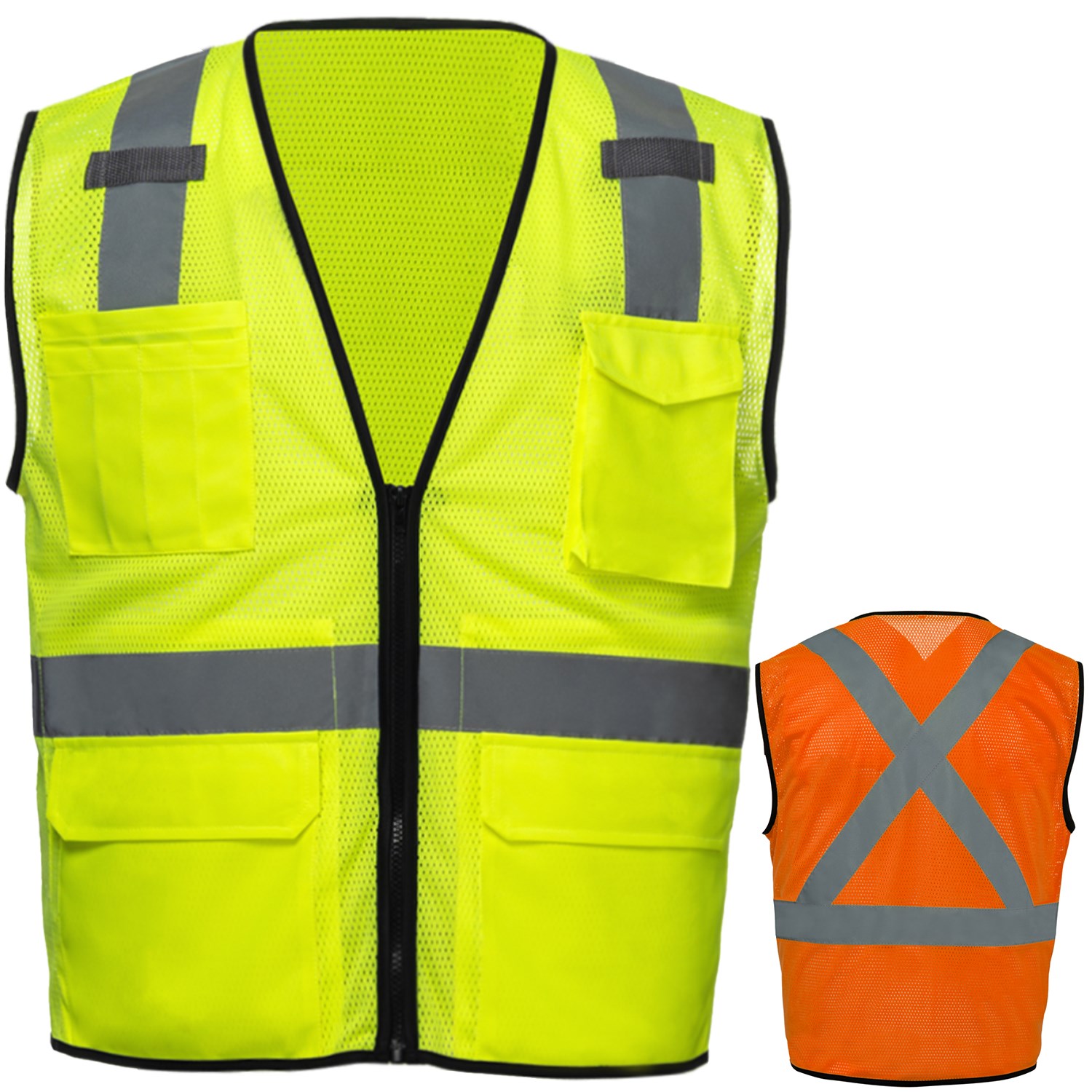 3.8 Oz. Polyester Class 2 Reflective Tape Cross Back Safety Vest With Dual Mic Tab & 4 Pockets 6