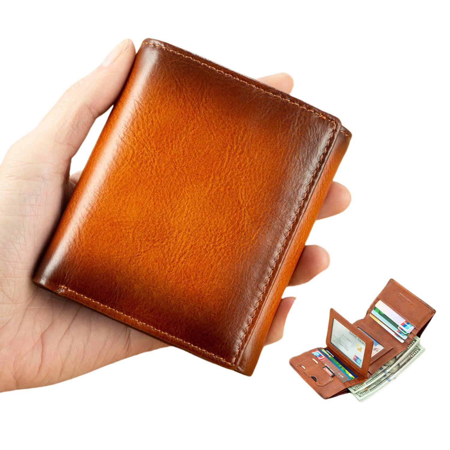 Top Layer Cowhide Retro Three Fold Men's Short Wallet Purse 3