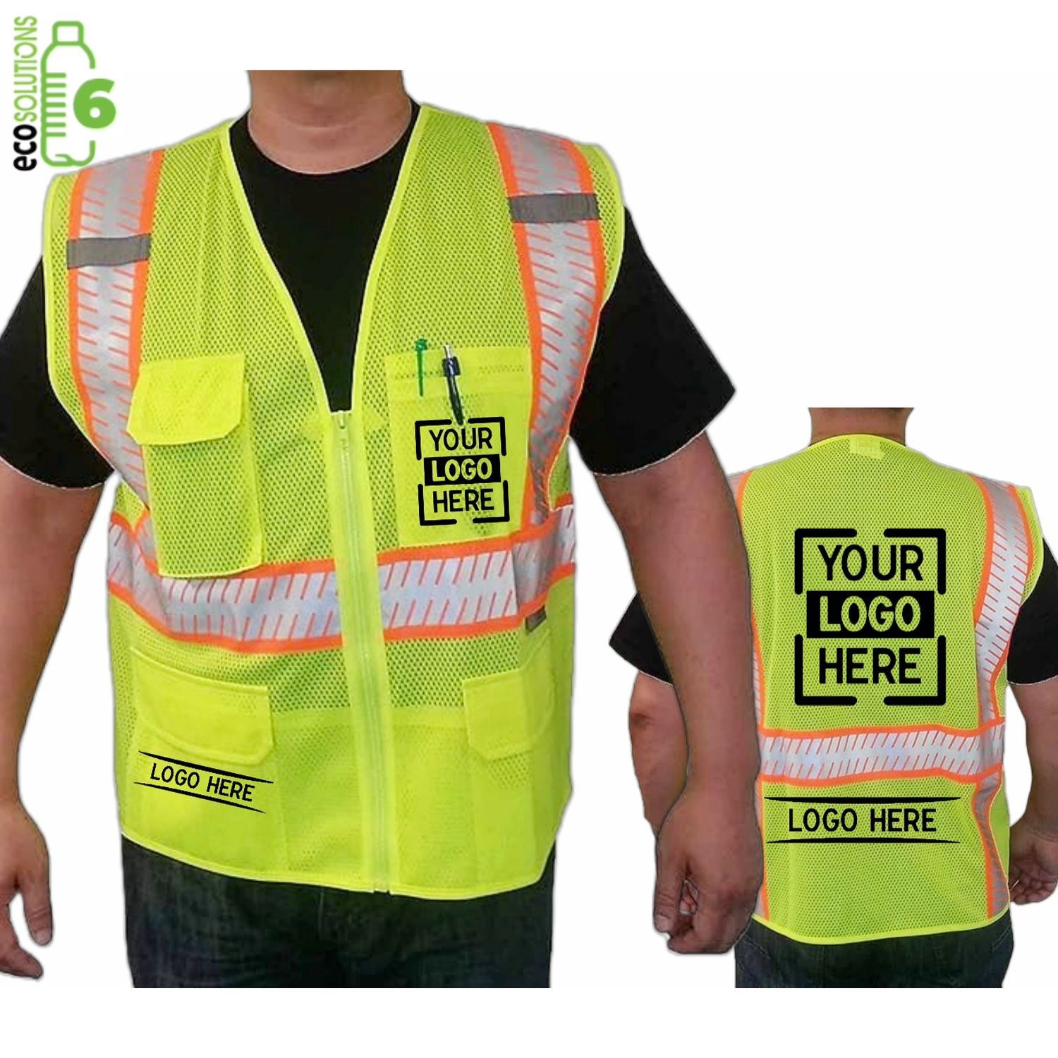 Recycled Class 2 Segmented Safety Zipper Vest W/ 4 Pockets & Dual Mic Tabs 3