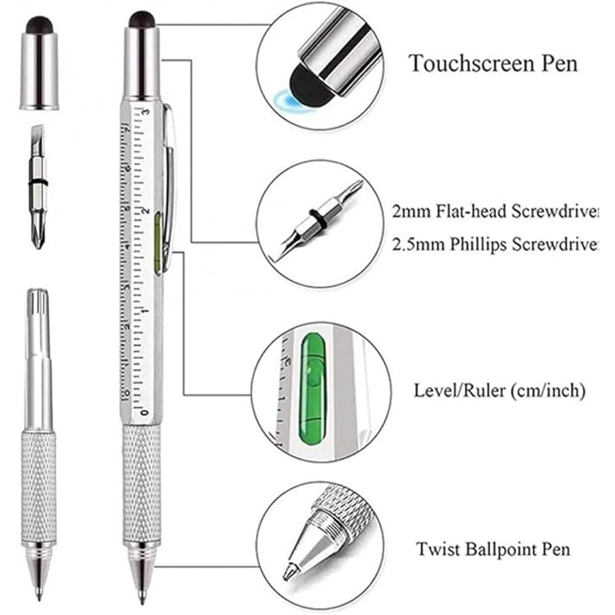 6 in 1 Multifunctional Metal Level Tool Touch Screen Stylus Pen 1