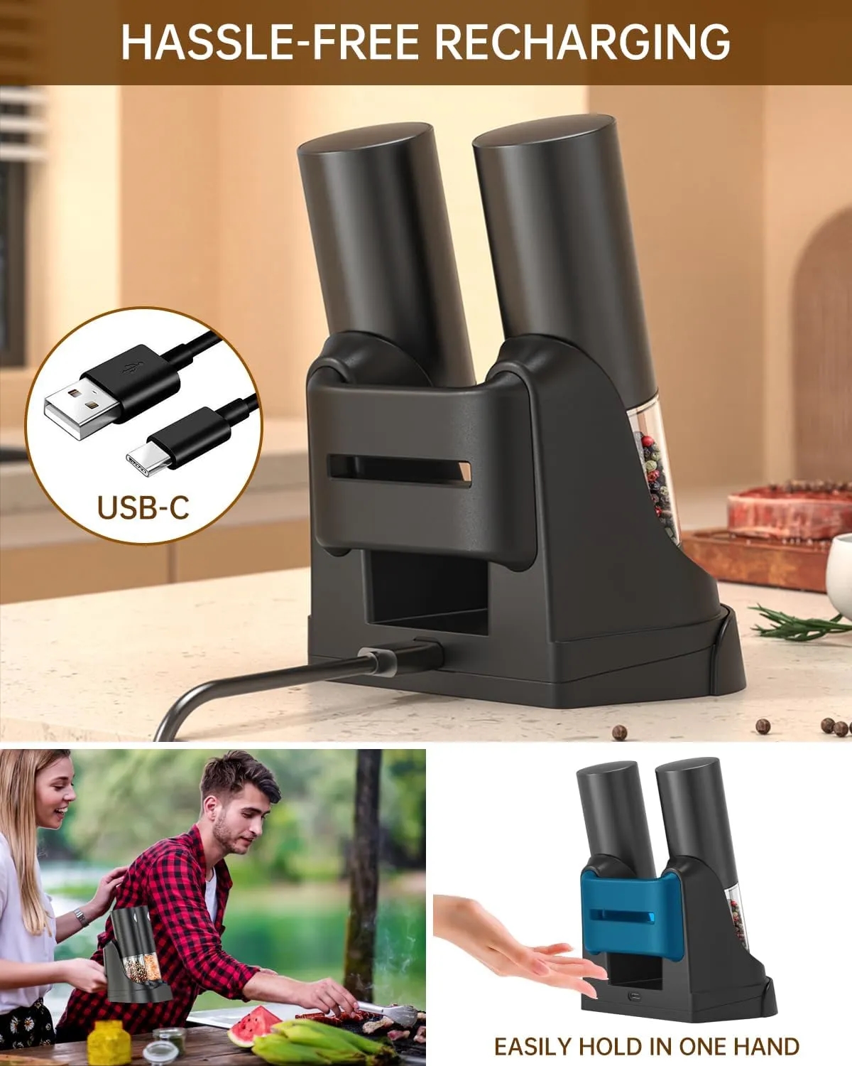 Upgraded Rechargeable Electric Salt and Pepper Grinder Set 1
