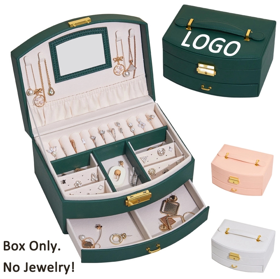 Custom 2-Layer PU Jewelry Organizer Box with Drawer & Mirror 6