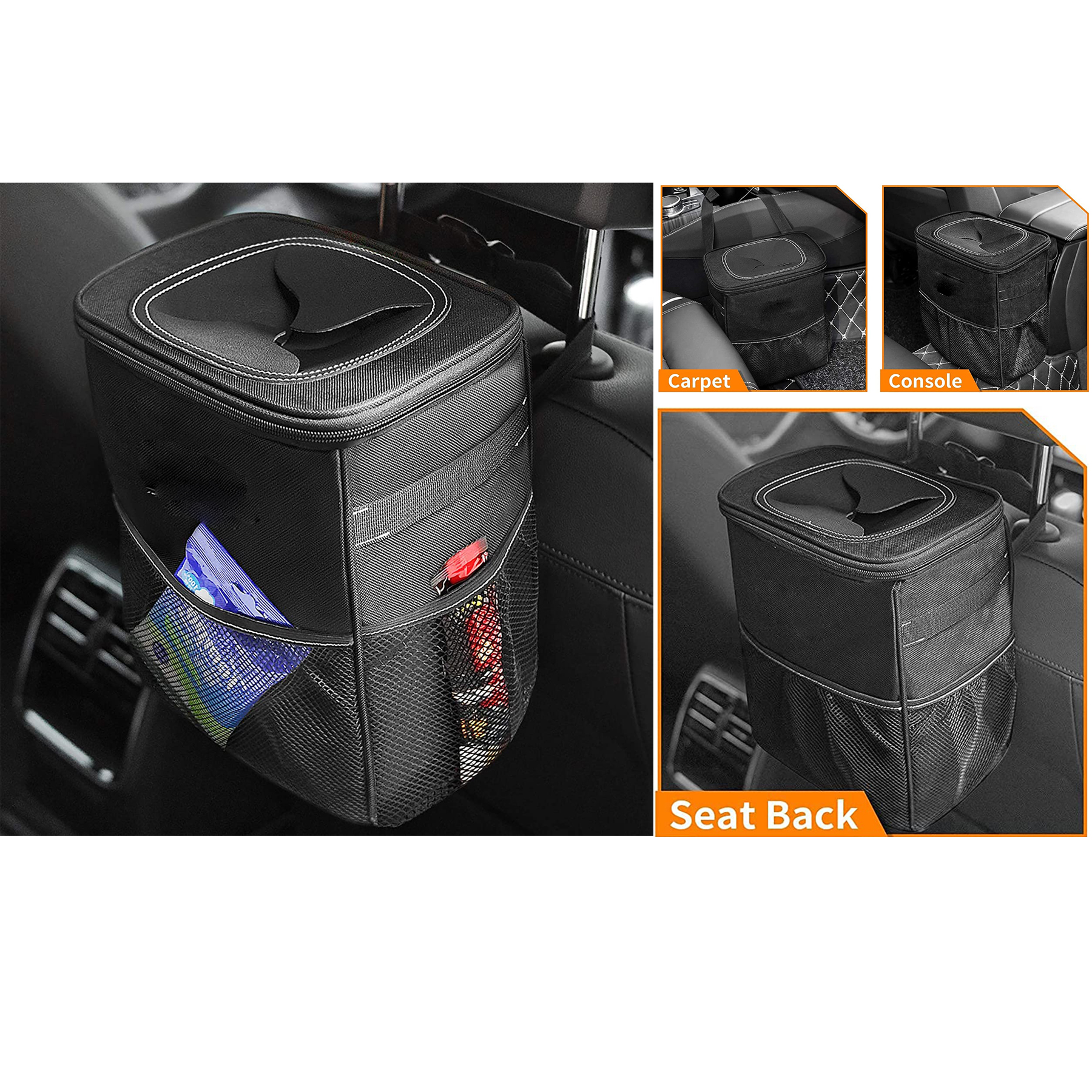 Car Trash Can with Lid and Storage Pockets 2
