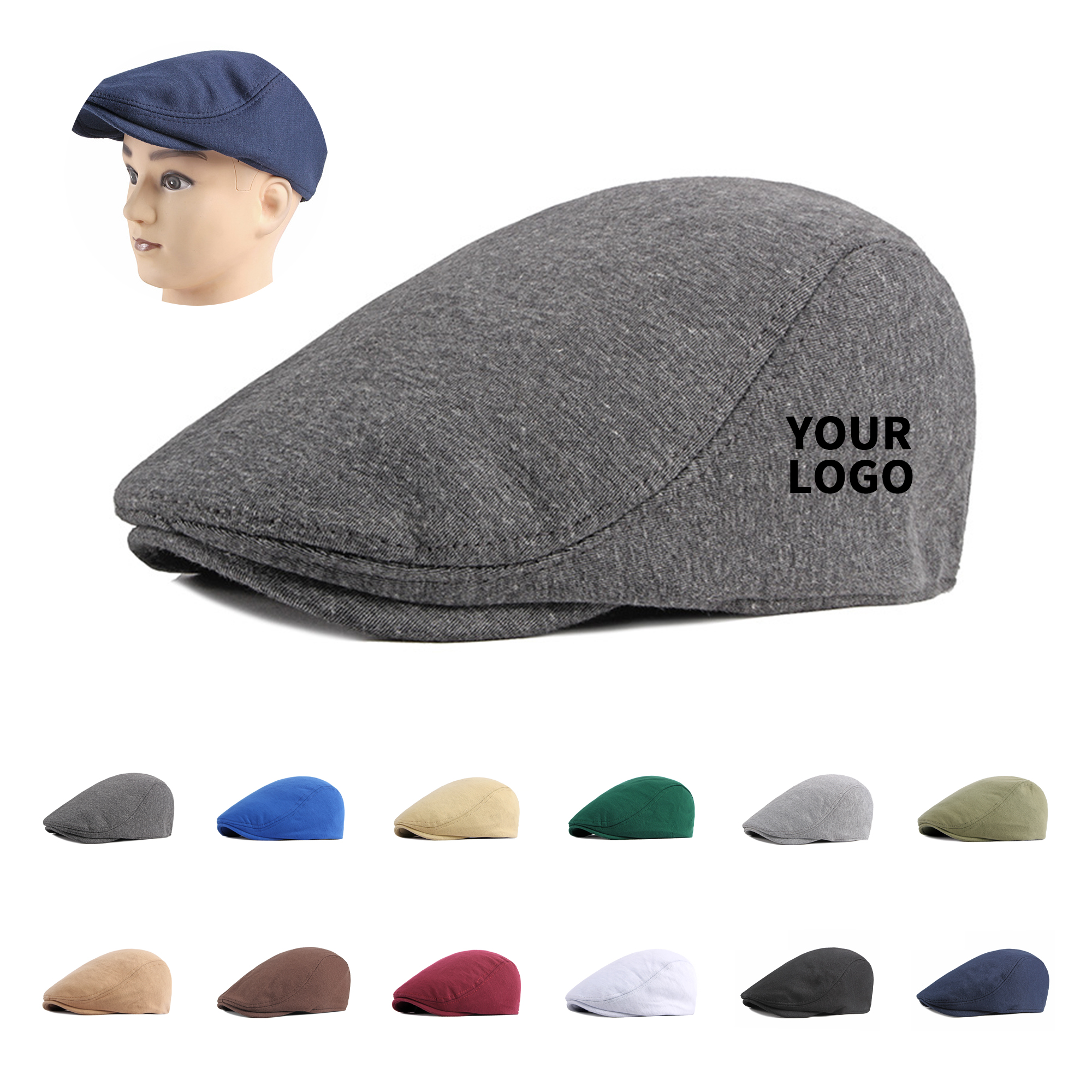 Polyester Cotton Newsboy Flat Cap With Elastic Fit 10.24" Length X 4.33" Width 2