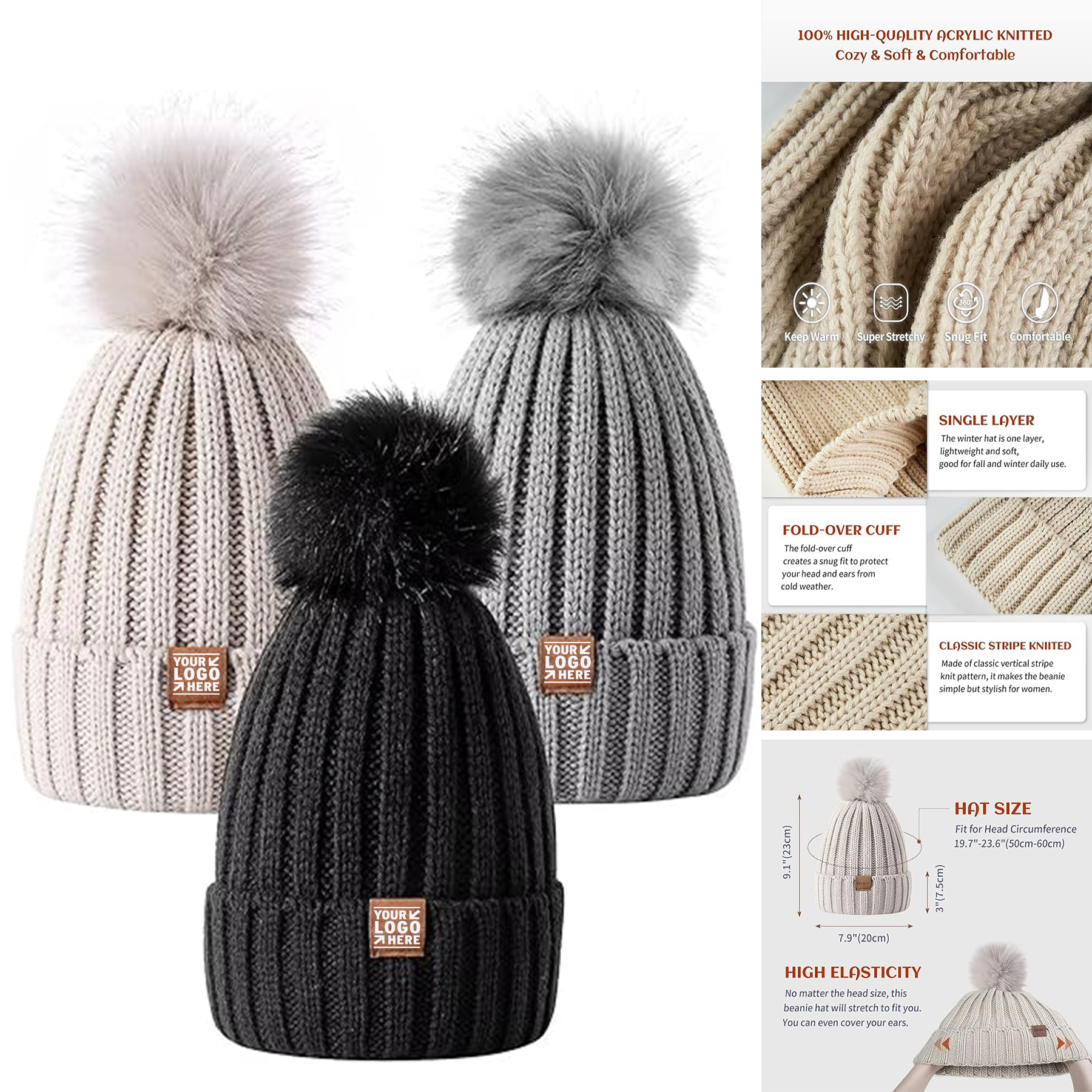 Cold Weather Winter Hat Women Beanie With Pom Fashion Knit Warm Skull Cap 2
