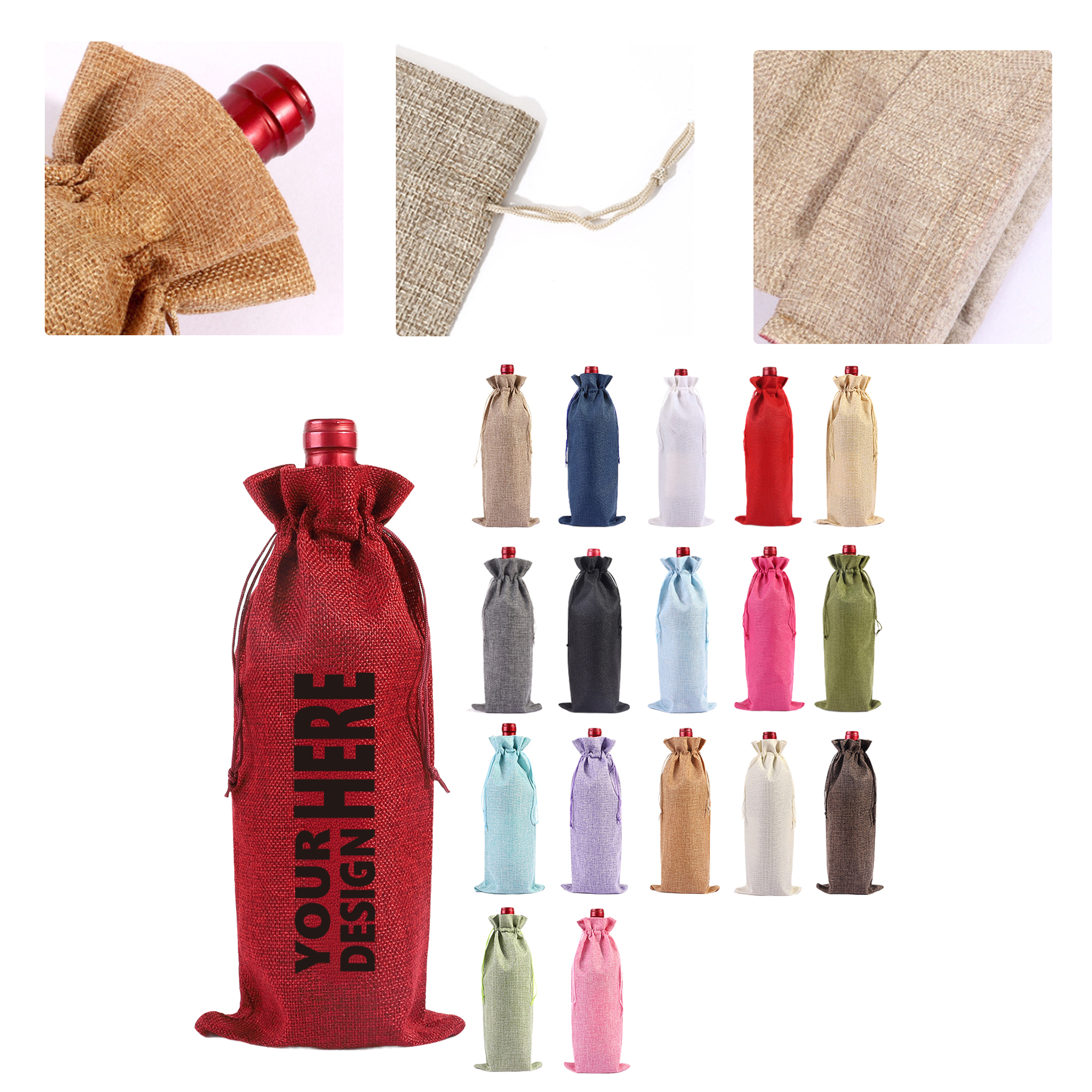 MOQ50 Eco-Friendly Burlap Wine Bag with Drawstring 2