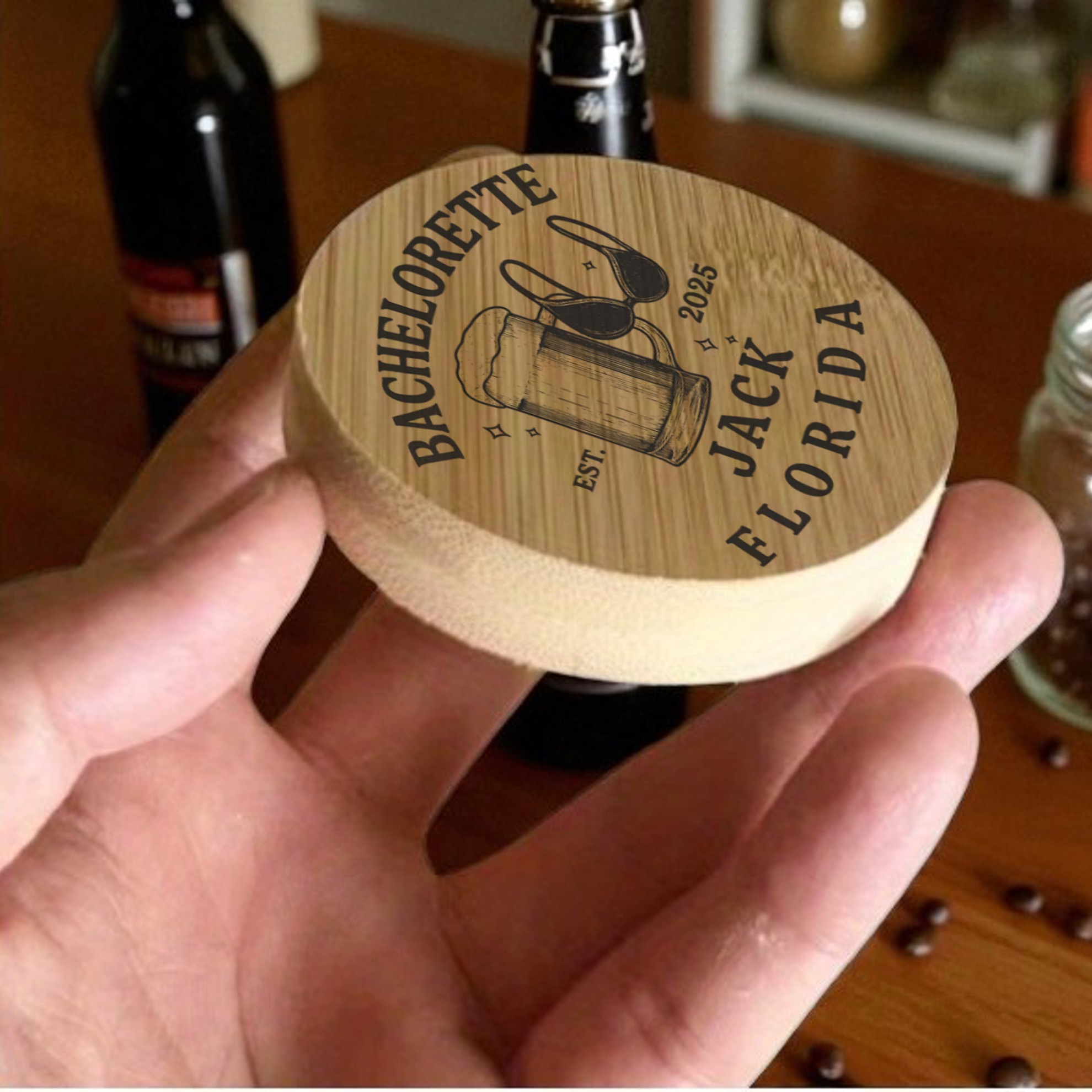 2.5" Round BAMBOO Bottle Opener Magnet 38