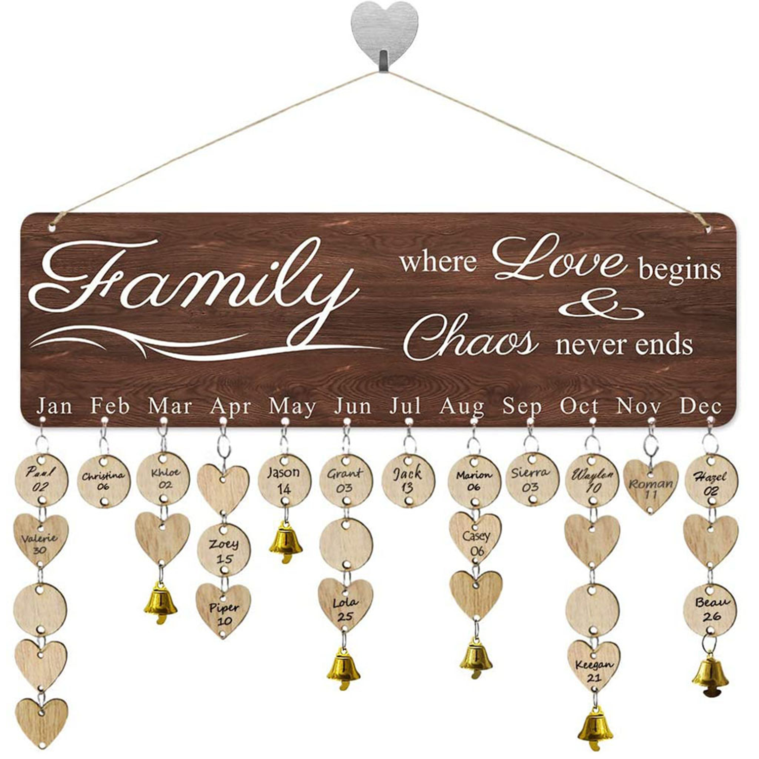 Wooden Hanging Family Birthday Calendar Board w/ Bells 2