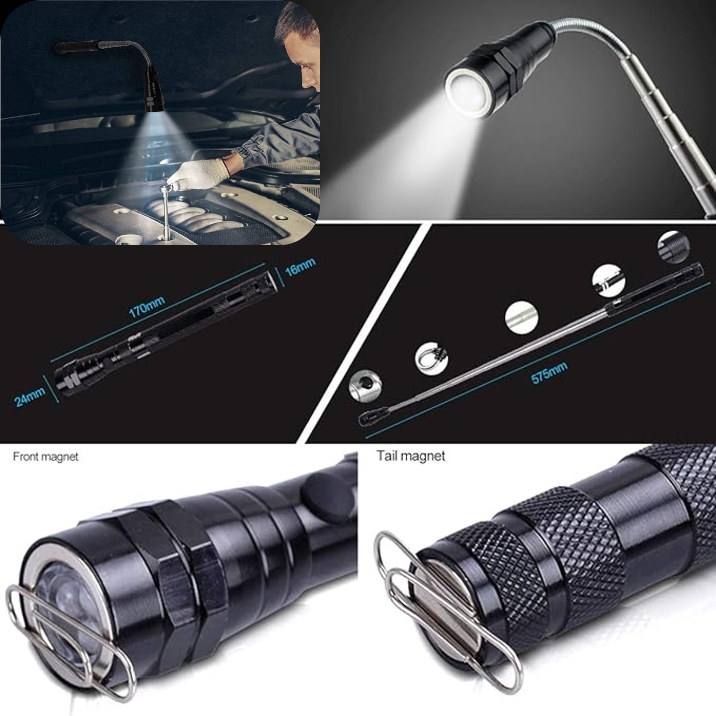Magnetized 360 Degree Flexible Head Telescopic 3 LED Torch Flashlight 5