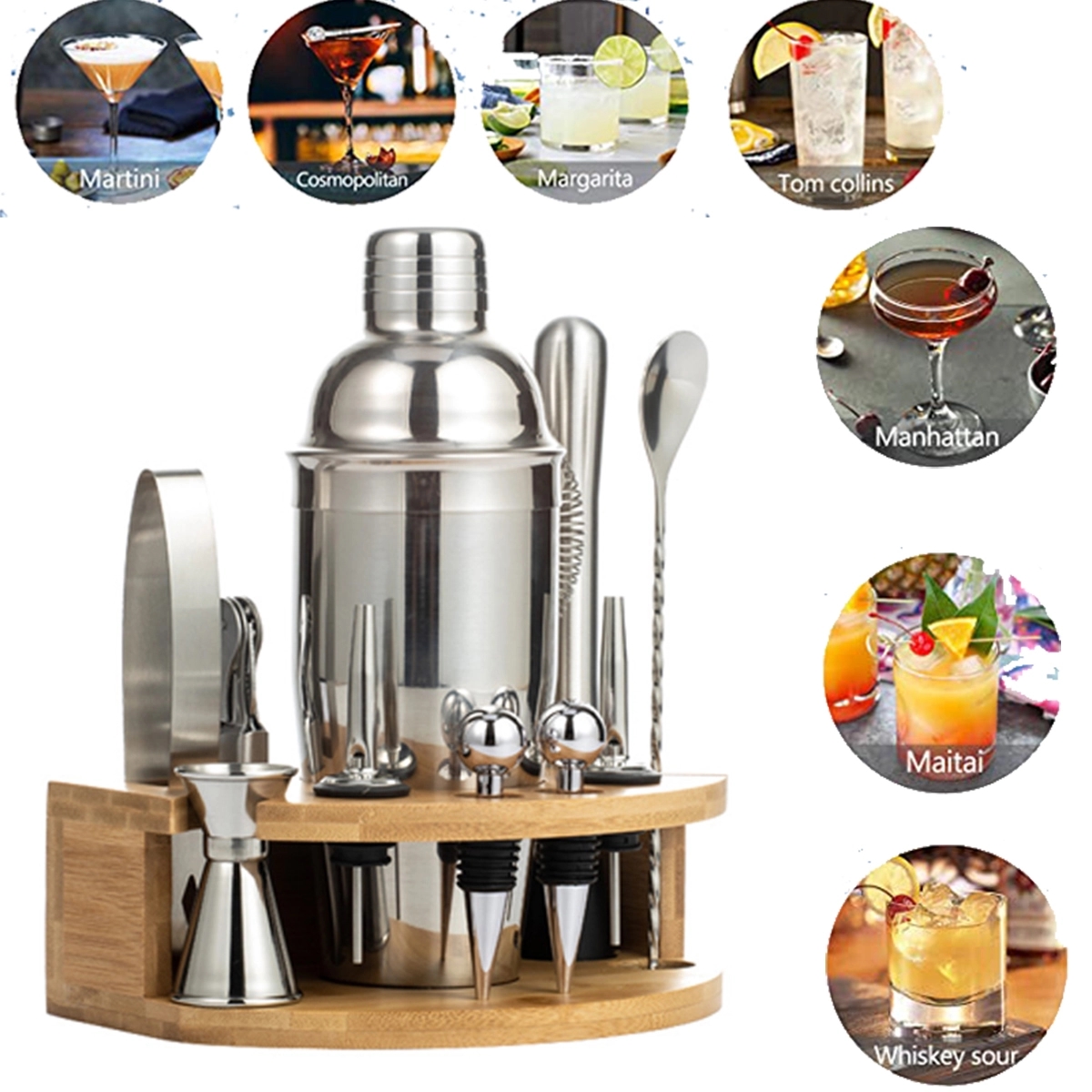Cocktail Shaker Making Set Semicircle Eco Bamboo Stand 5