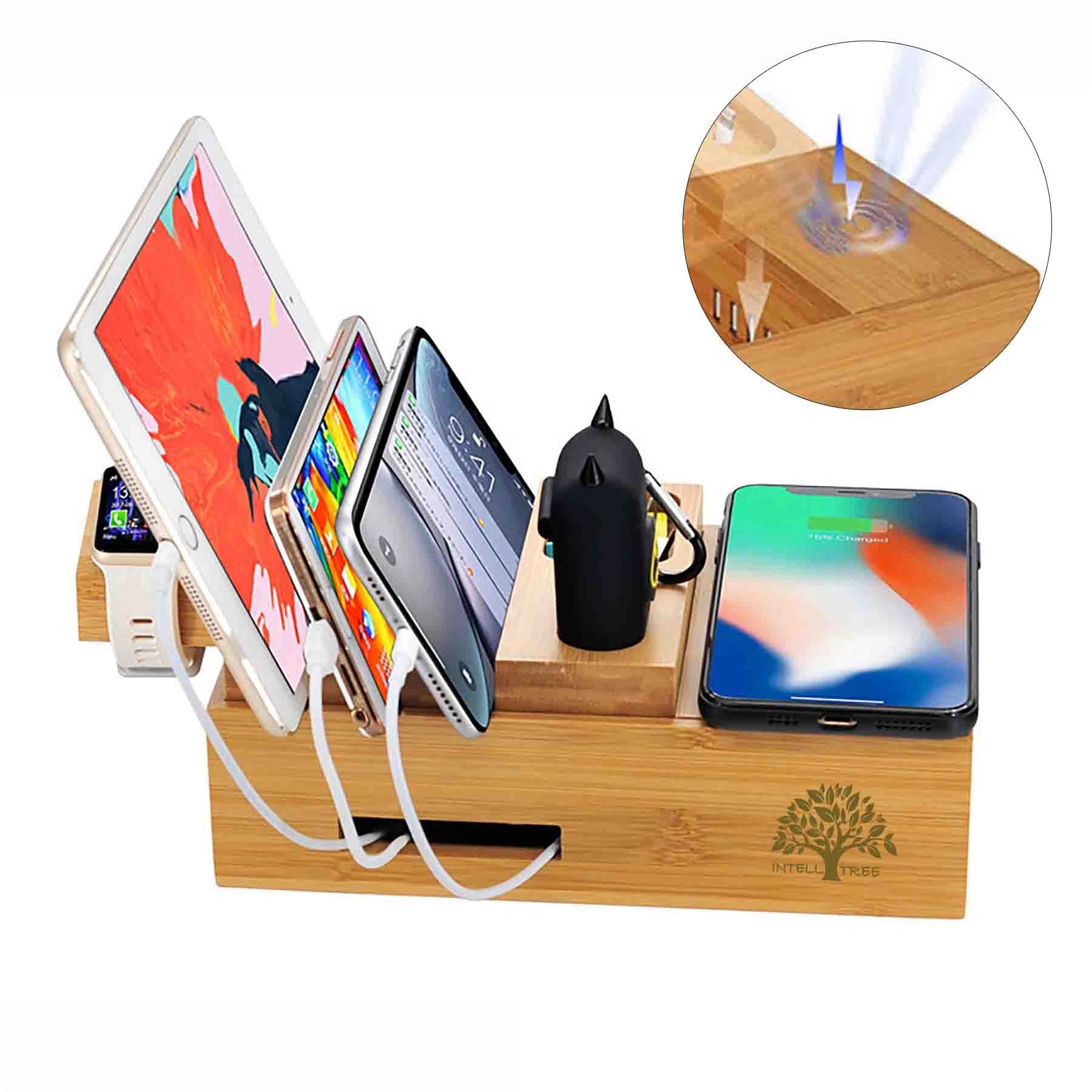 Bamboo Docking Charging Station Organizer For 5 Devices 5
