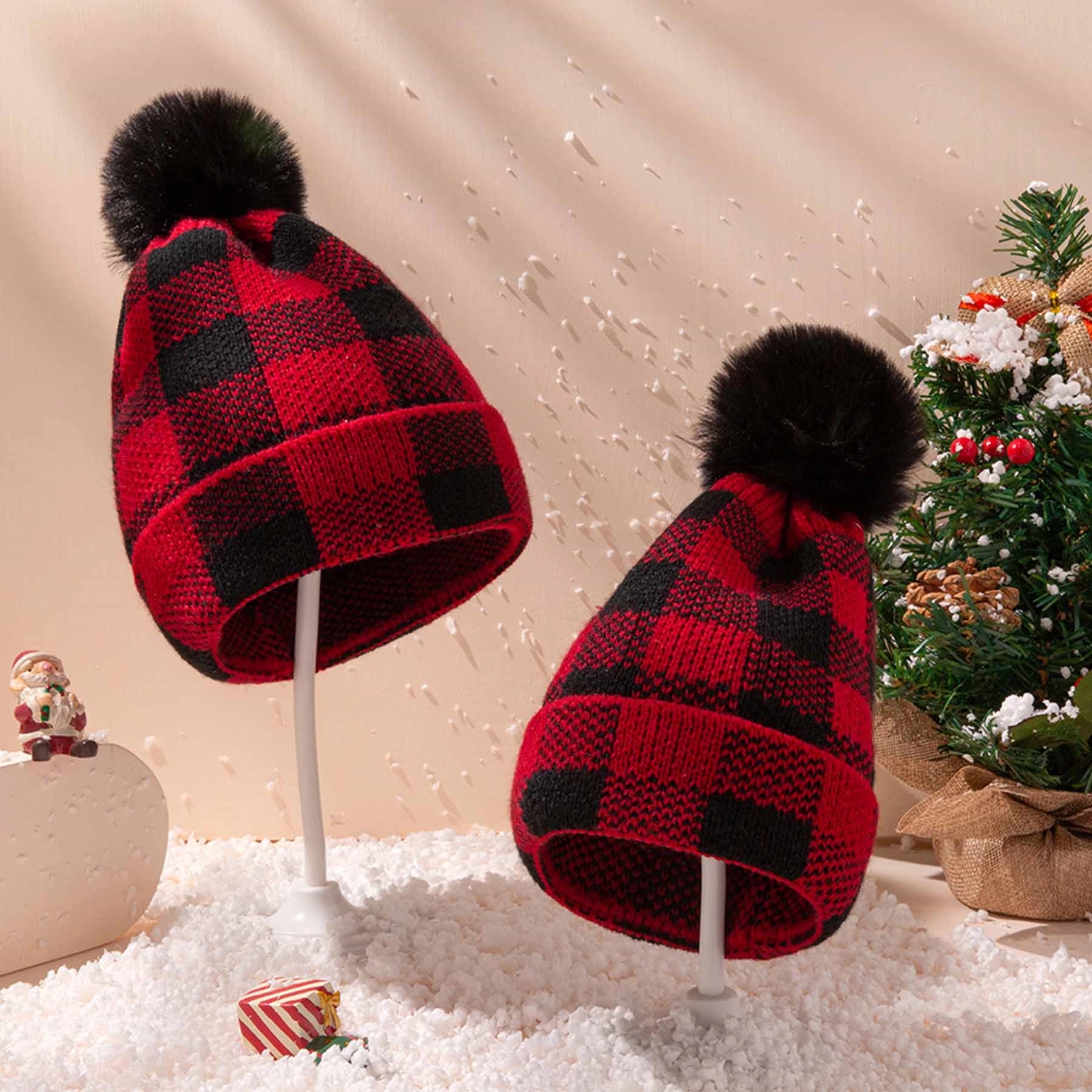 Winter Mommy Child Christams Red Plaid Beanie Hat 2