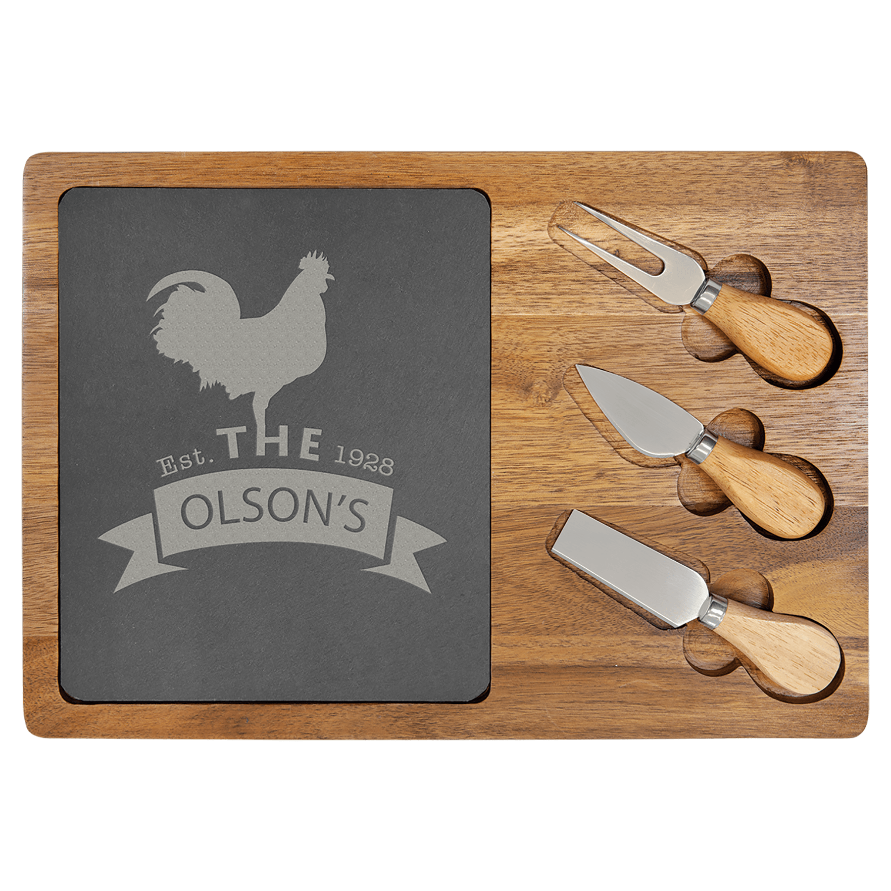 13 3/4" x 9 3/4" Acacia Wood/Slate Rectangle Cheese Set with Three Tools 2