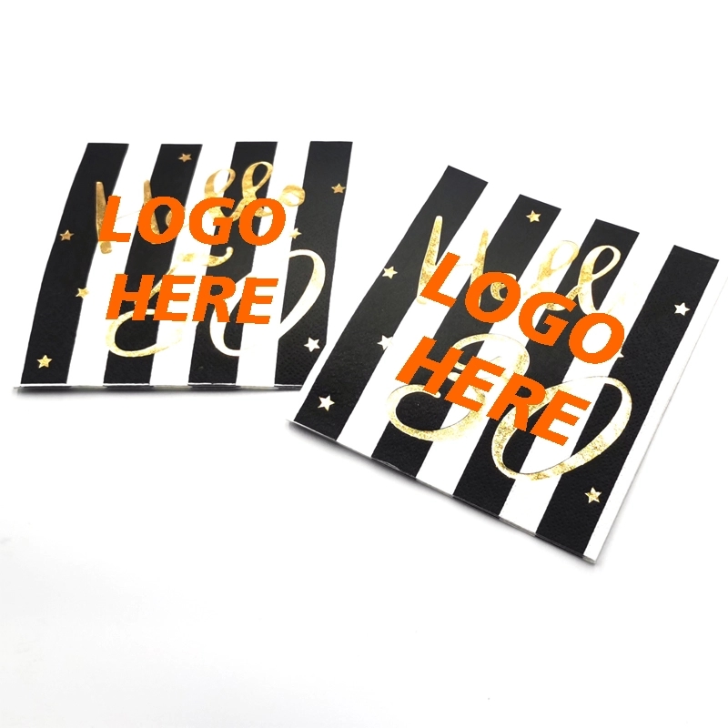 Custom Gold Foil Black And White Stripe Paper Napkins 2