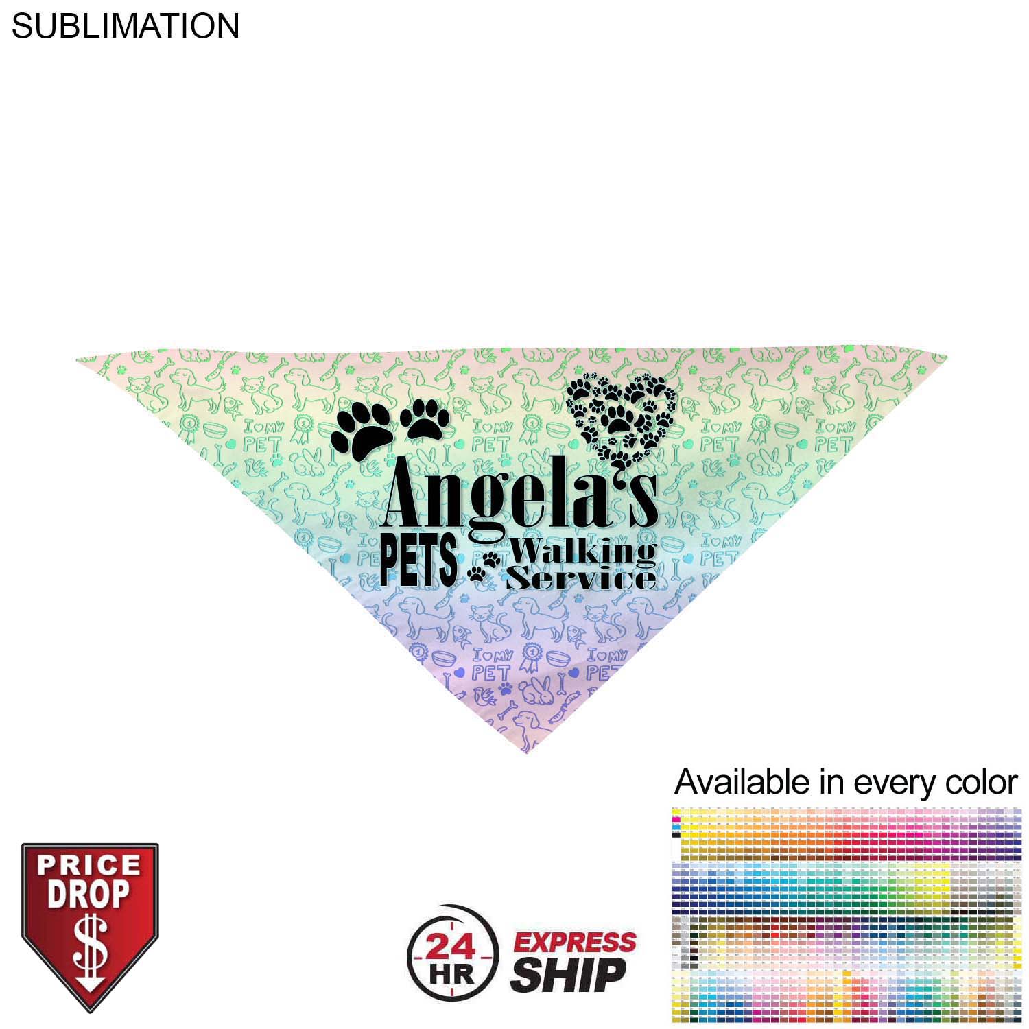 24 Hr Express Ship - Medium Dog Bandana, 19x19x27, Stitched Edges, Sublimated Edge to Edge 3