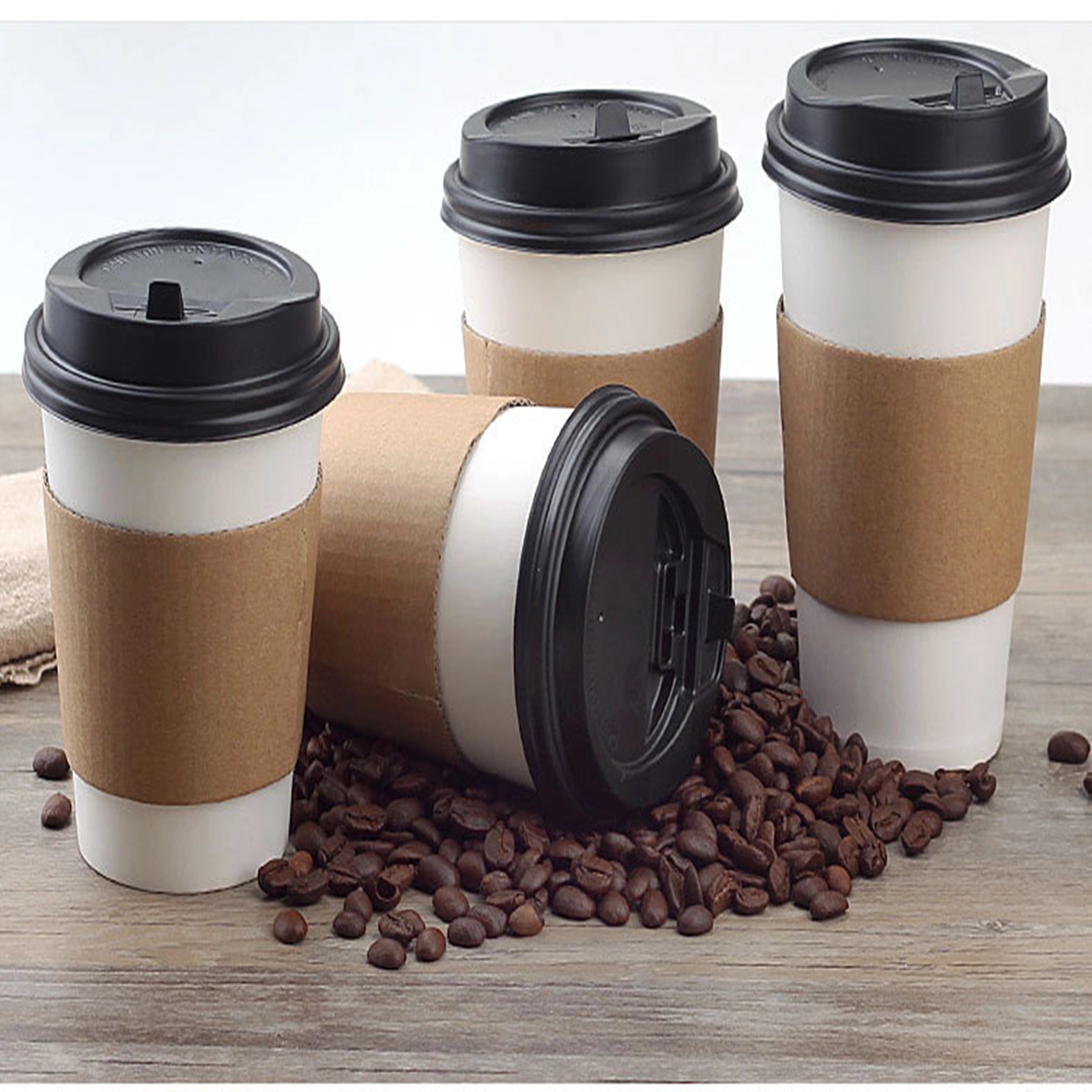 16 oz Disposable White Paper Coffee Cup with Black Dome Lid 3