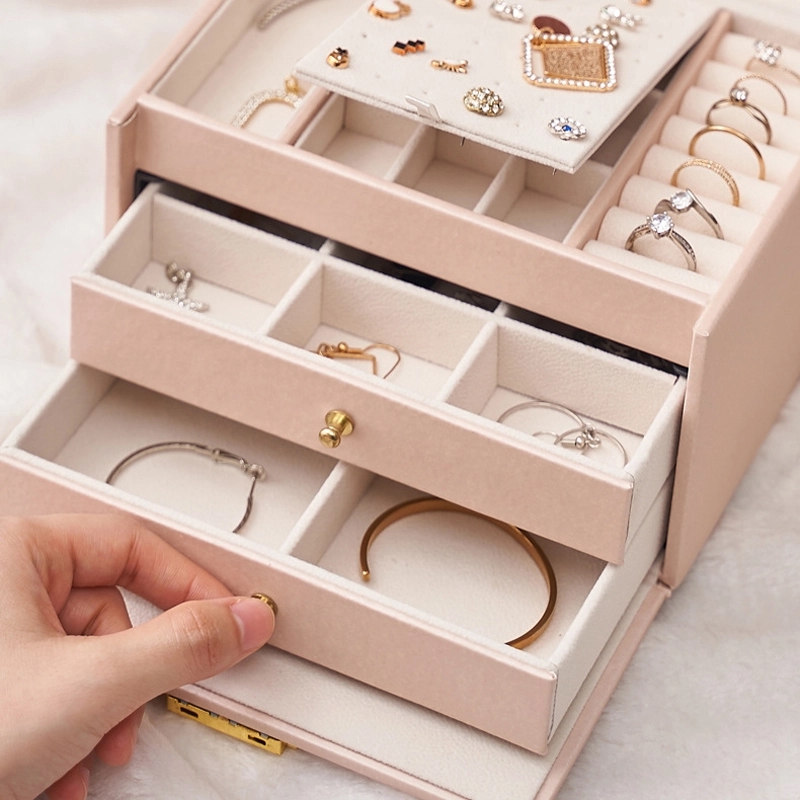 Custom 3-Layer PU Jewelry Organizer Box with Drawer & Handle 14