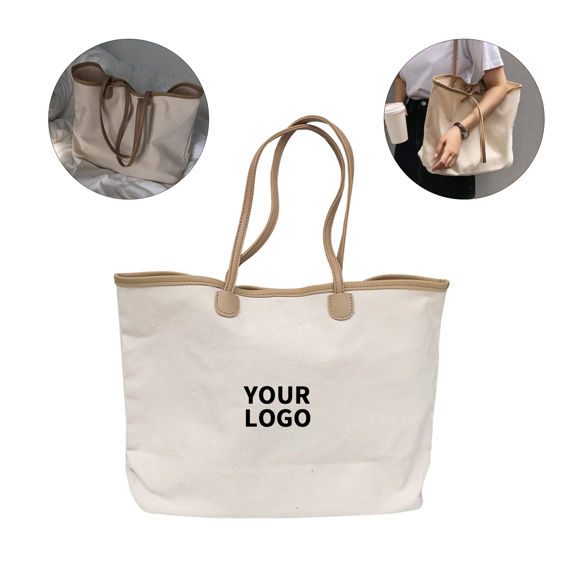 Canvas Shoulder Bag With Leather Handle, custom tote bag with logo imprint 2