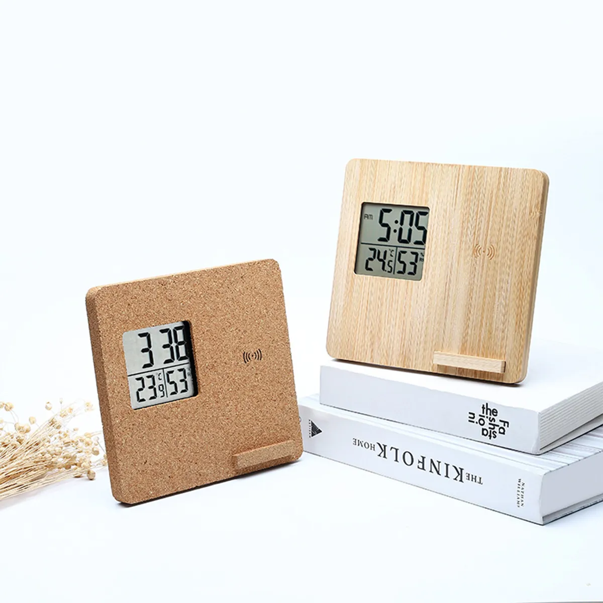 Wireless Charging Weather Temperature Humidity Bamboo Clock 2