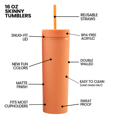 16oz Double-layer Plastic Straight Cup SKINNY Rubber Paint Tumbler / Straw 4