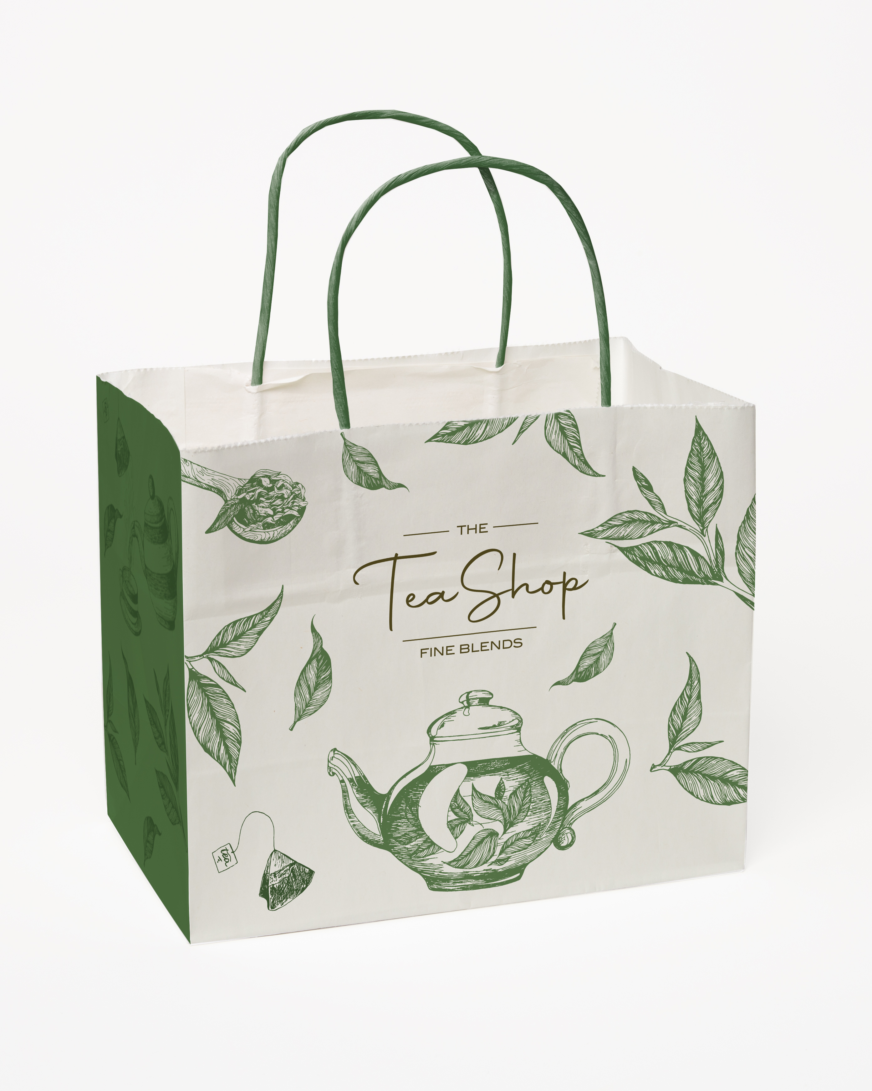 Multi-Sided Full Color White Shopper Paper Bag - Green Handle (8.5"x 7.25"x 5")