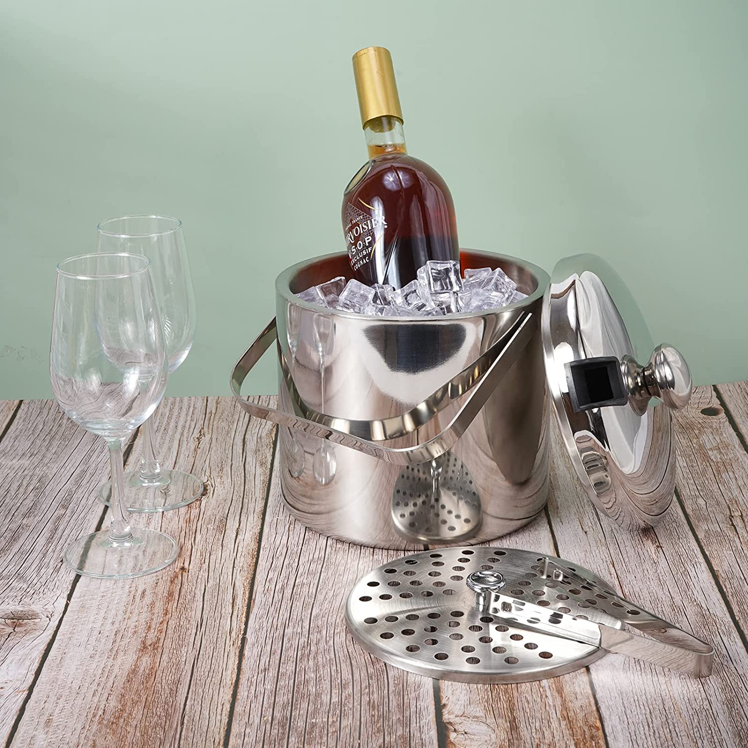 Small Ice Bucket [1.3L] w/ Lid and Tongs Included Strainer Keeps Ice Cold & Dry 2