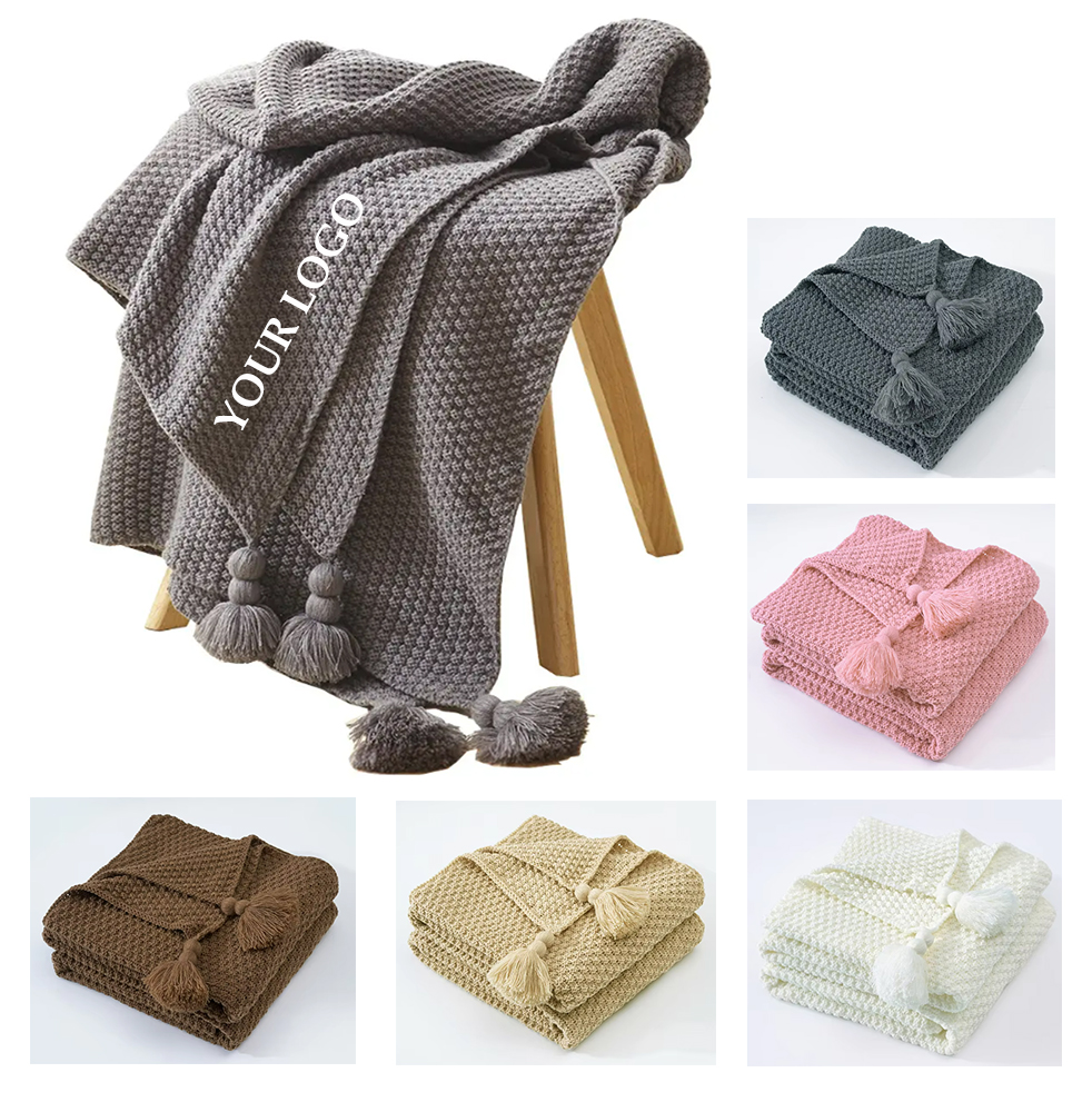 Nordic Solid Color Geometric Knitted Tassel Blanket 4