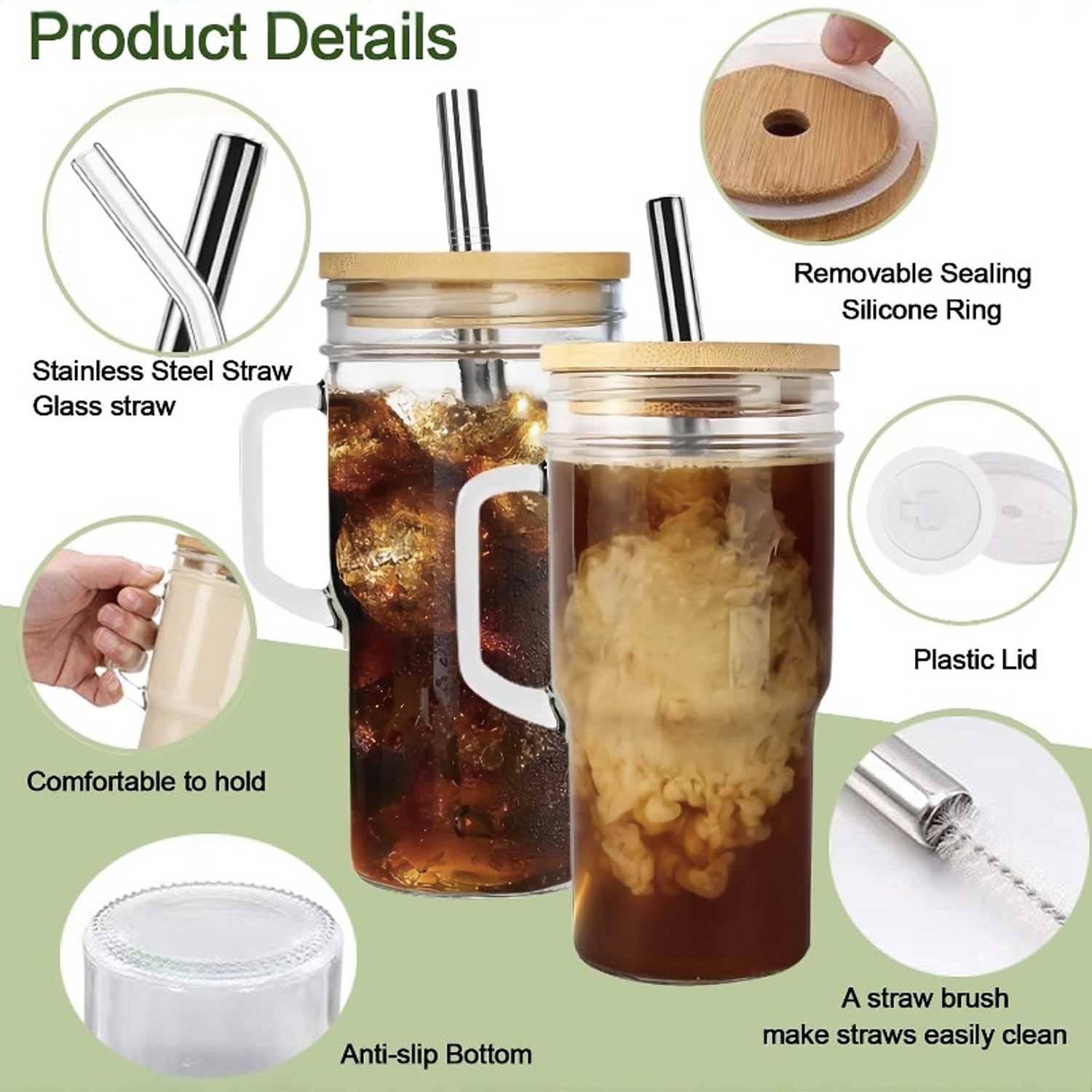 Bamboo-Lid Mason Jar - Glass Cup w/ Straw & Brush Set 9